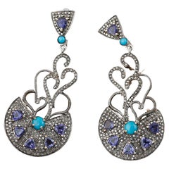 Victorian Style Silver Diamond & Tanzanite, Turquoise Dangle Earrings