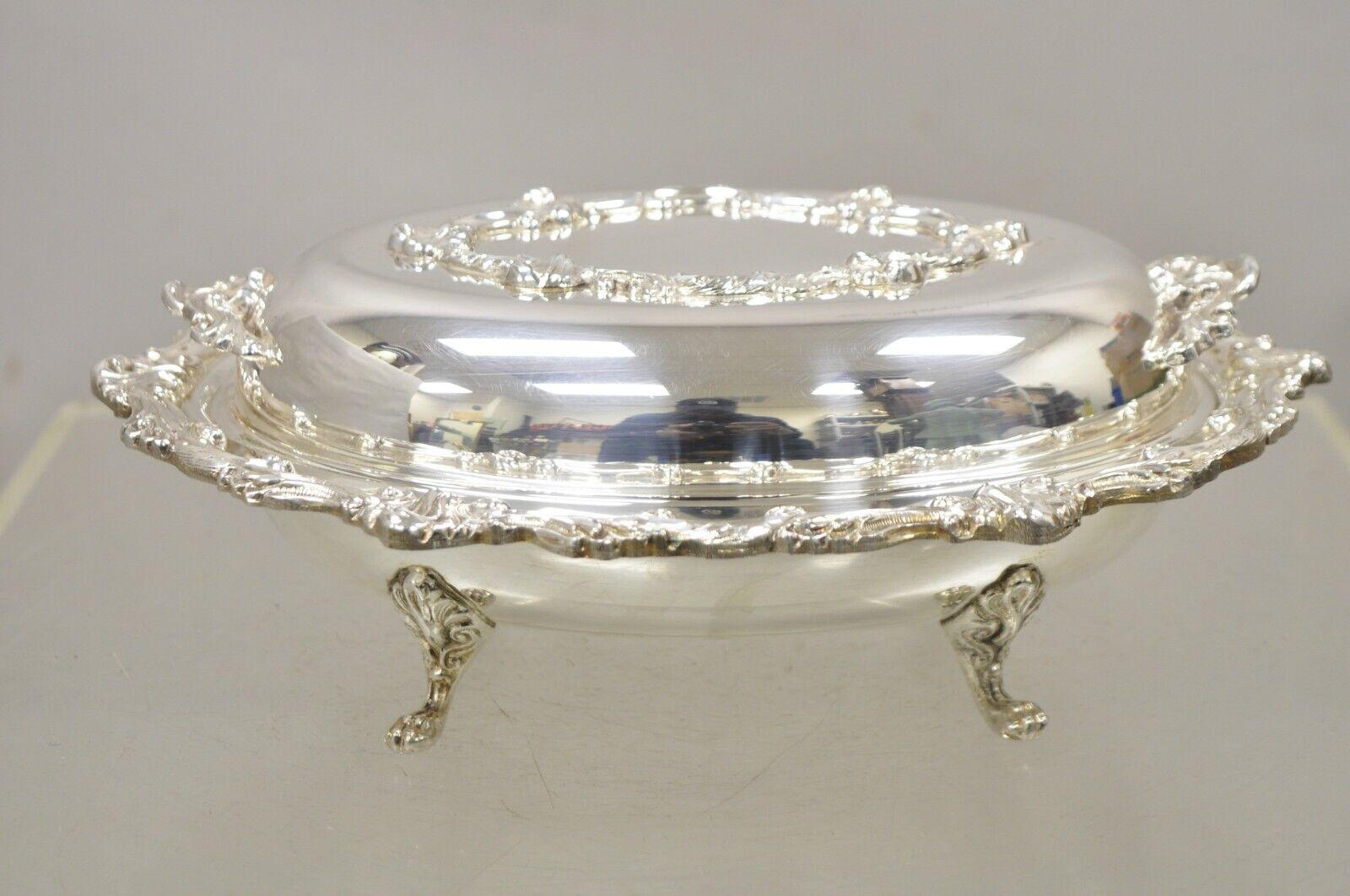 20th Century Victorian Style Silver Plated Ornate Lidded Twin Handle Vegetable Serving Dish For Sale