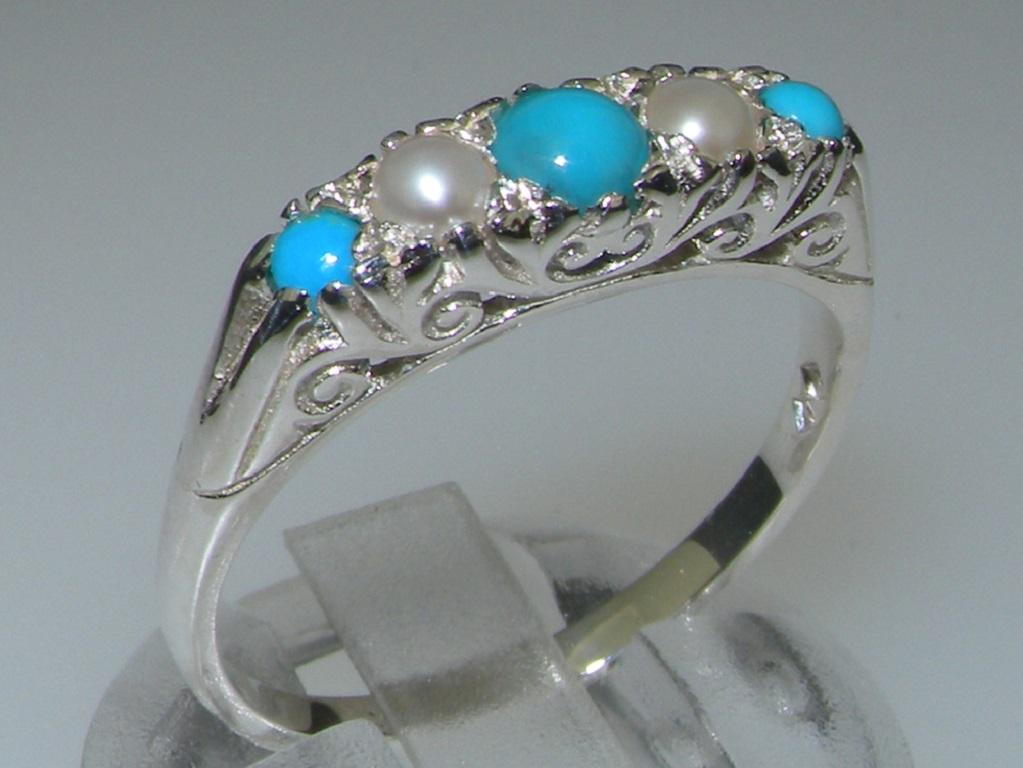 For Sale:  Victorian style Sterling Silver Turquoise & Pearl Womens band Ring Customizable 2