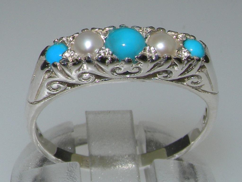 For Sale:  Victorian style Sterling Silver Turquoise & Pearl Womens band Ring Customizable 3