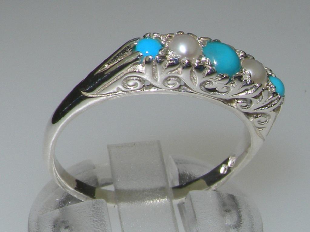For Sale:  Victorian style Sterling Silver Turquoise & Pearl Womens band Ring Customizable 4
