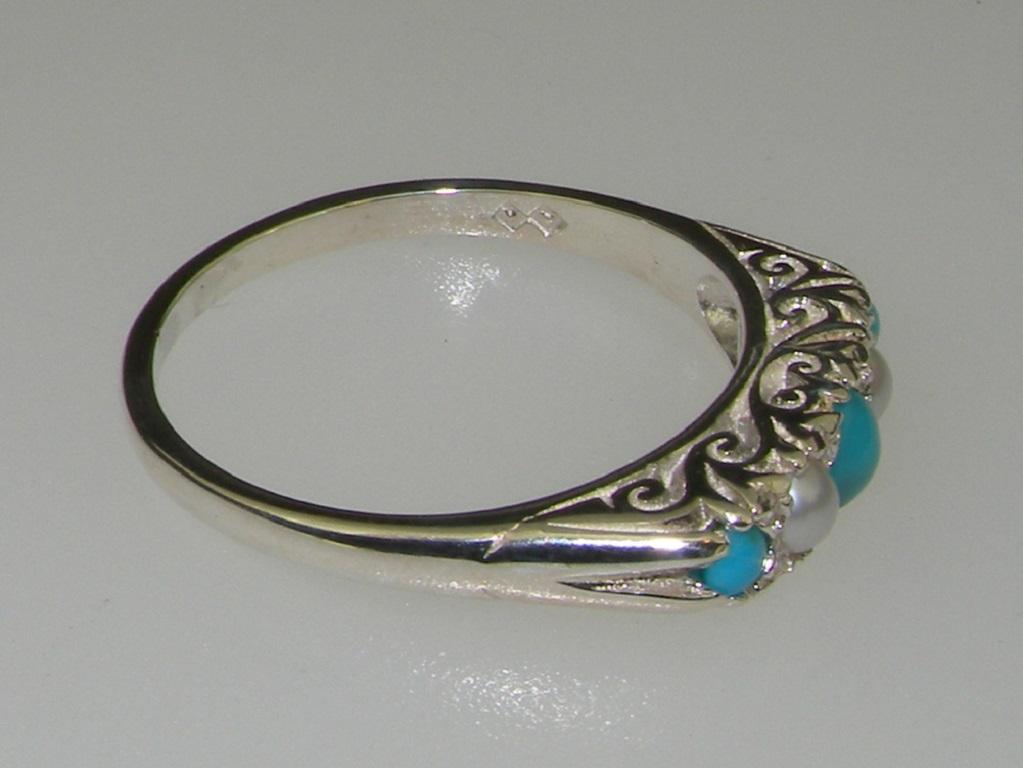 For Sale:  Victorian style Sterling Silver Turquoise & Pearl Womens band Ring Customizable 5
