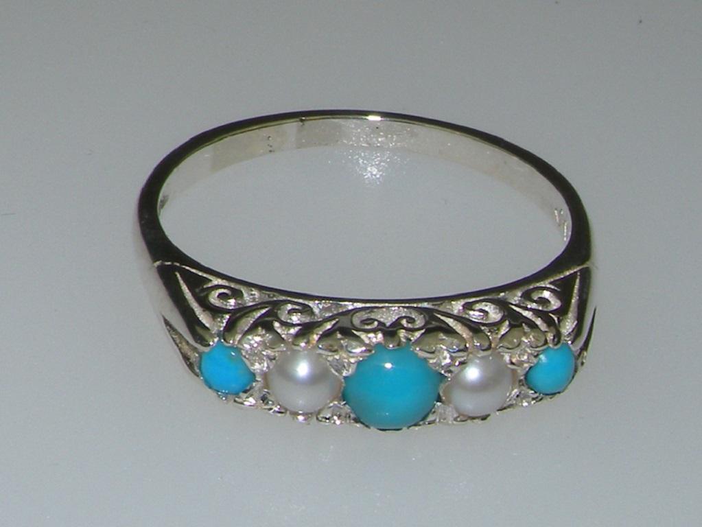 For Sale:  Victorian style Sterling Silver Turquoise & Pearl Womens band Ring Customizable 6