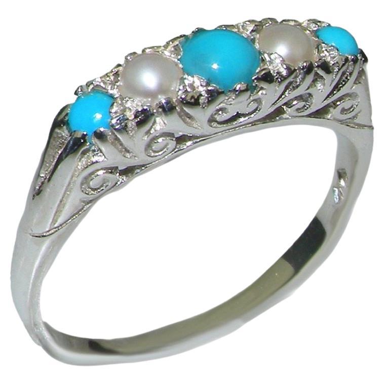 For Sale:  Victorian style Sterling Silver Turquoise & Pearl Womens band Ring Customizable