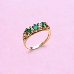 Victorian Style Three-Stone Emerald Ring in Yellow Gold