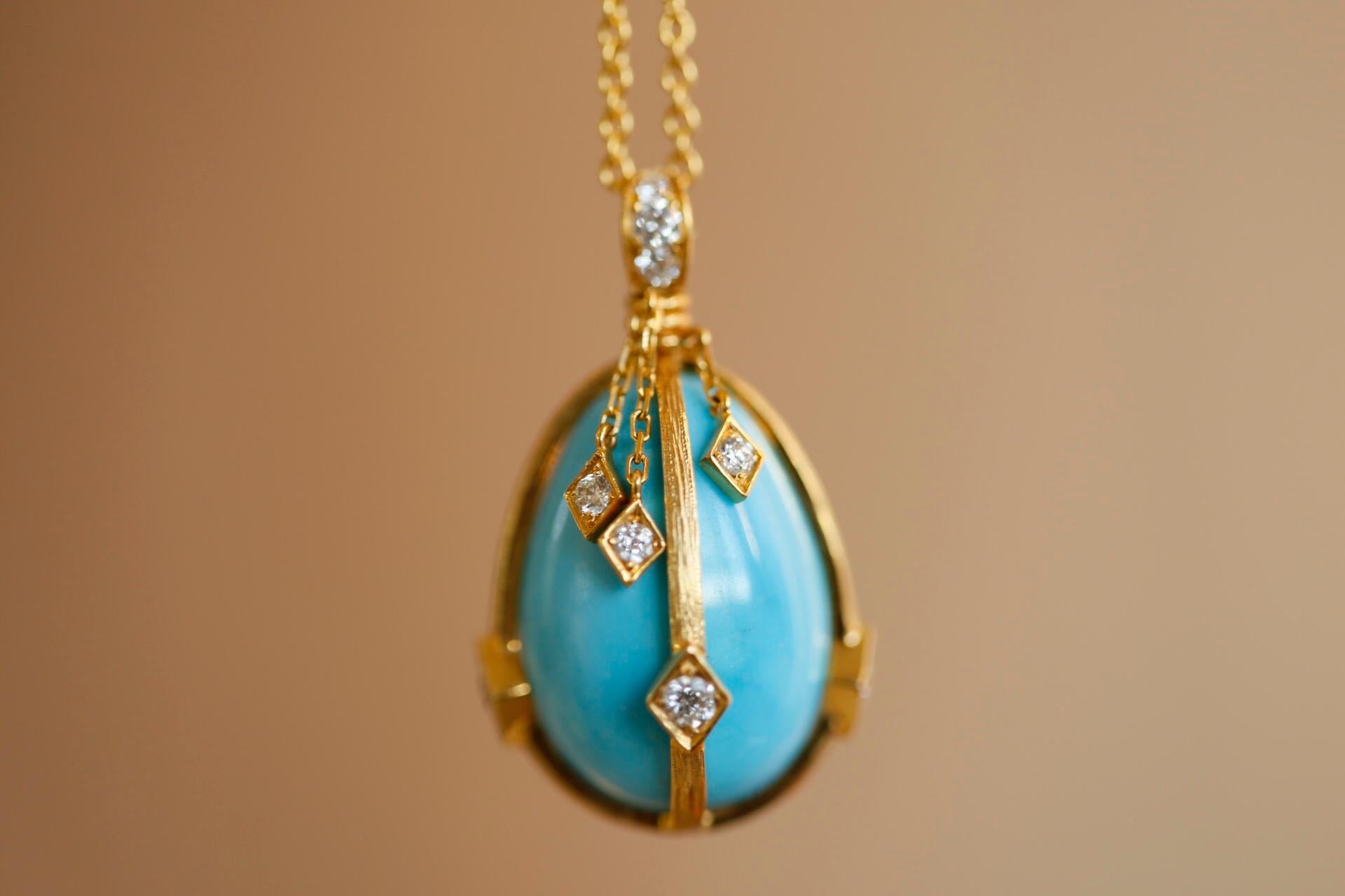 Women's or Men's Victorian Style Turquoise and Diamond 18 Karat Gold Egg Pendant