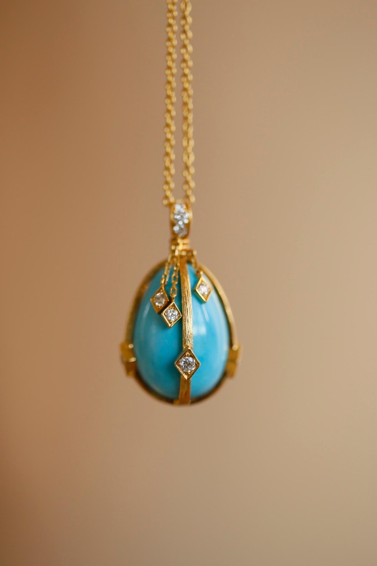 Victorian Style Turquoise and Diamond 18 Karat Gold Egg Pendant 1