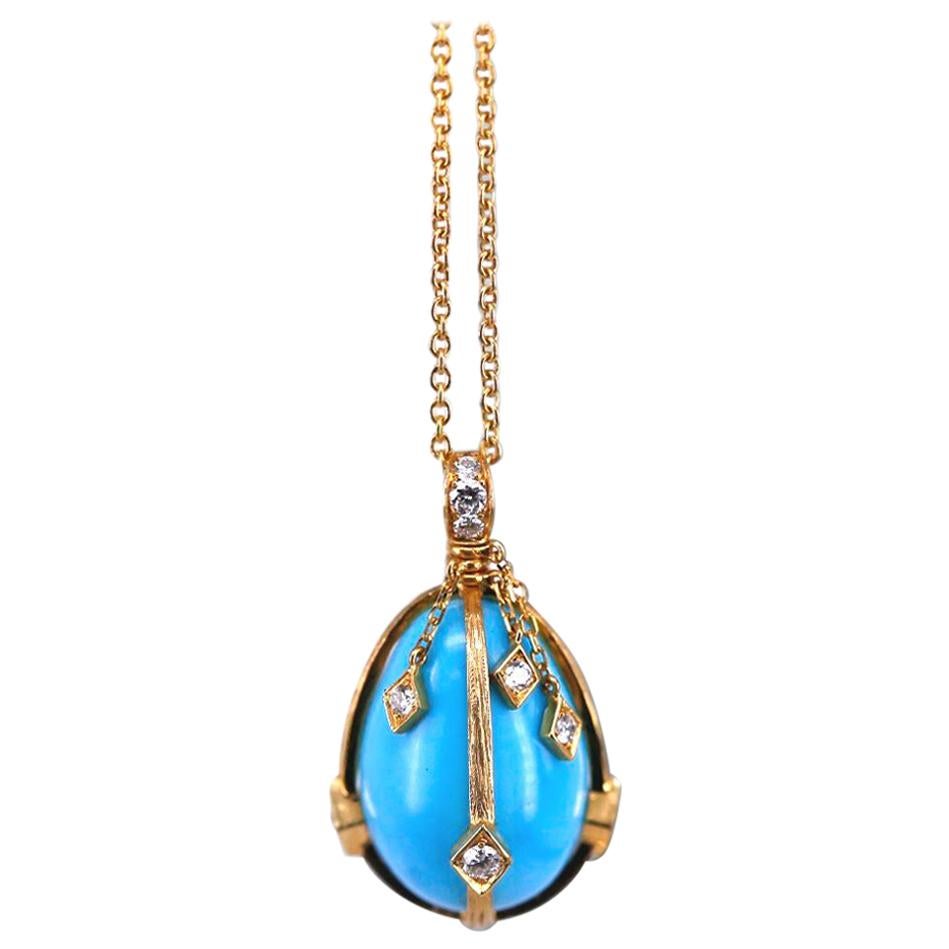 Victorian Style Turquoise and Diamond 18 Karat Gold Egg Pendant