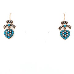 Victorian Style Turquoise Pearl Gold Heart Drop Earrings