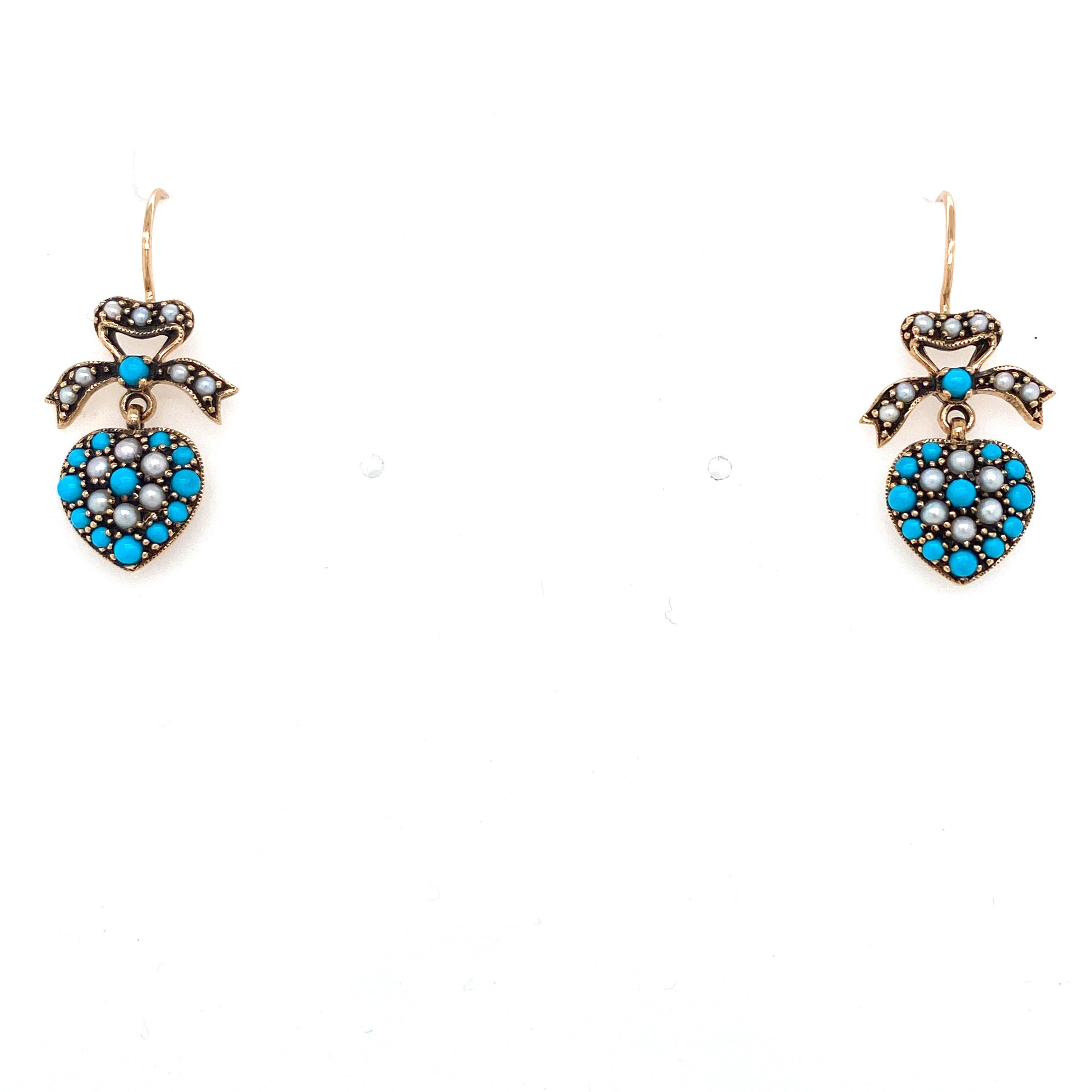 Bead Victorian Style Turquoise Pearl Gold Heart Drop Earrings
