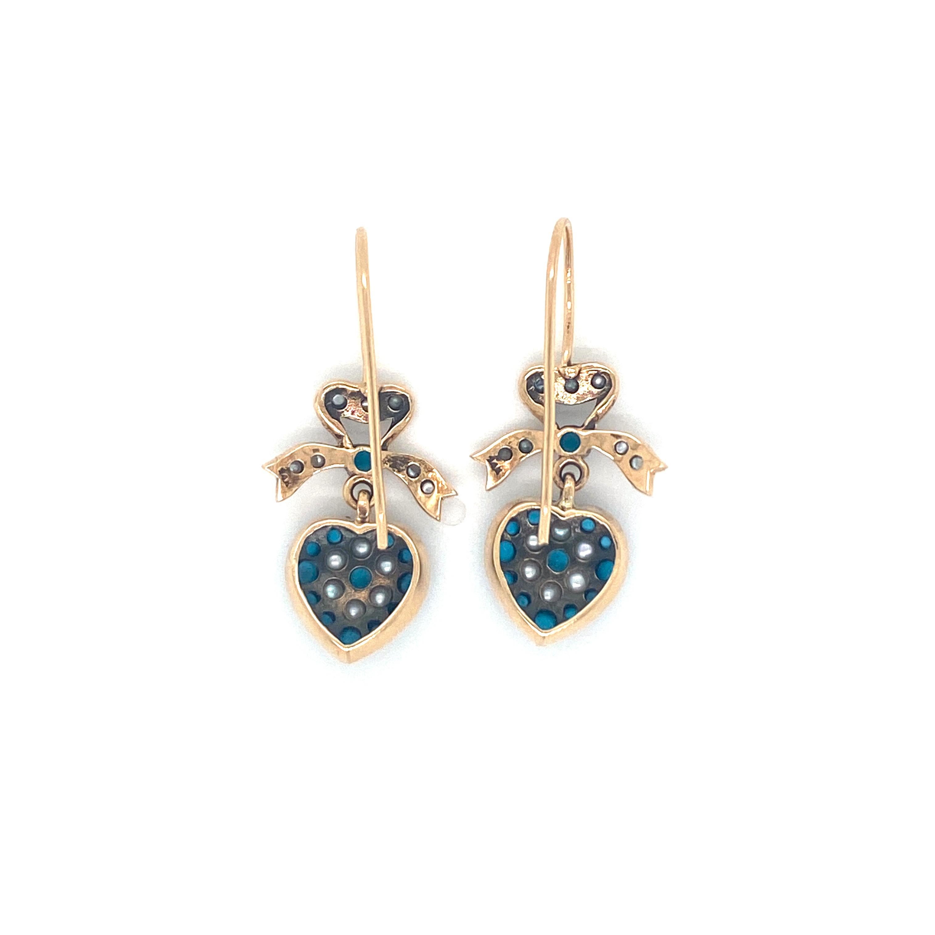 Victorian Style Turquoise Pearl Gold Heart Drop Earrings In Excellent Condition In Napoli, Italy