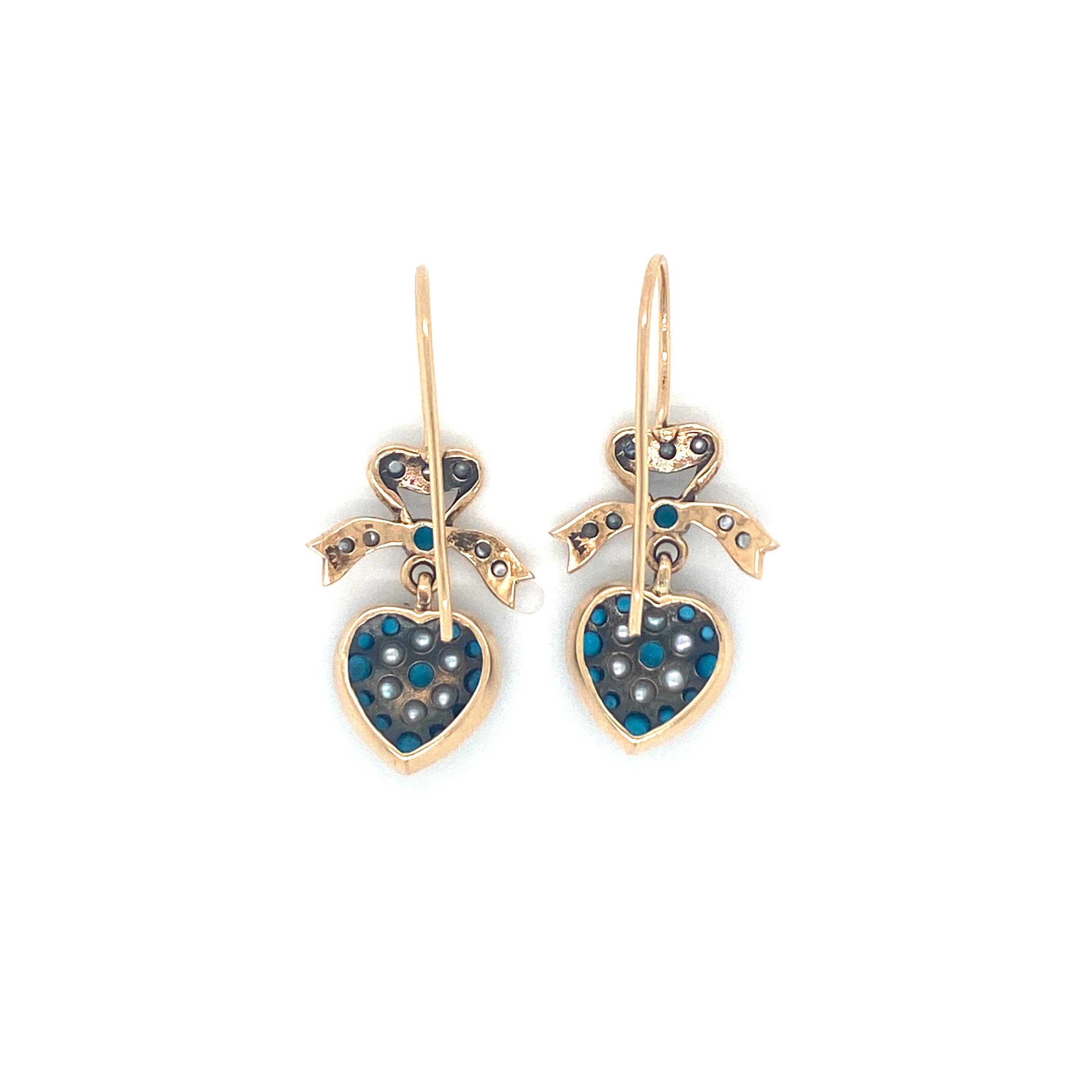 Victorian Style Turquoise Pearl Gold Heart Drop Earrings In Excellent Condition In Napoli, NA