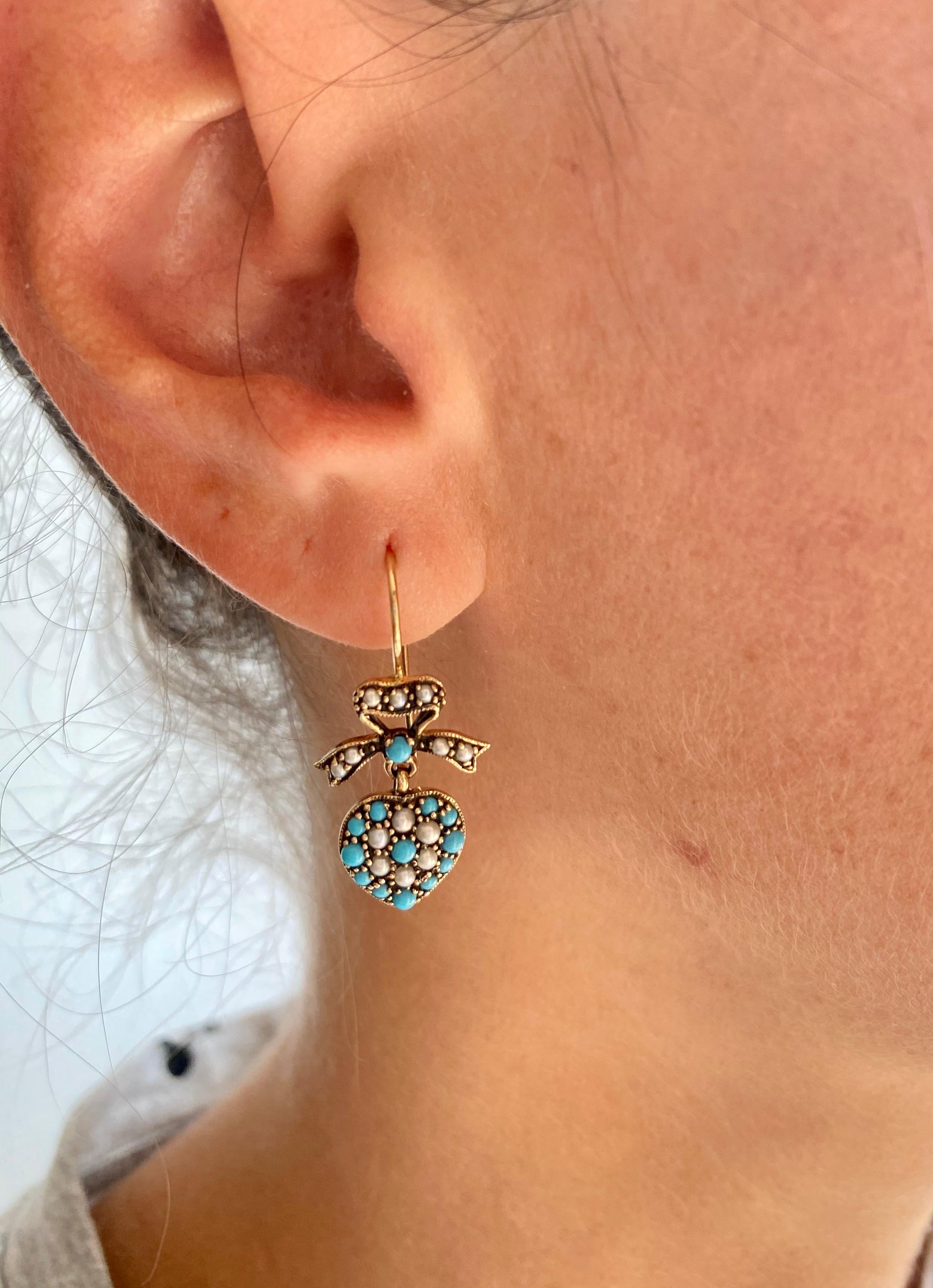Women's Victorian Style Turquoise Pearl Gold Heart Drop Earrings