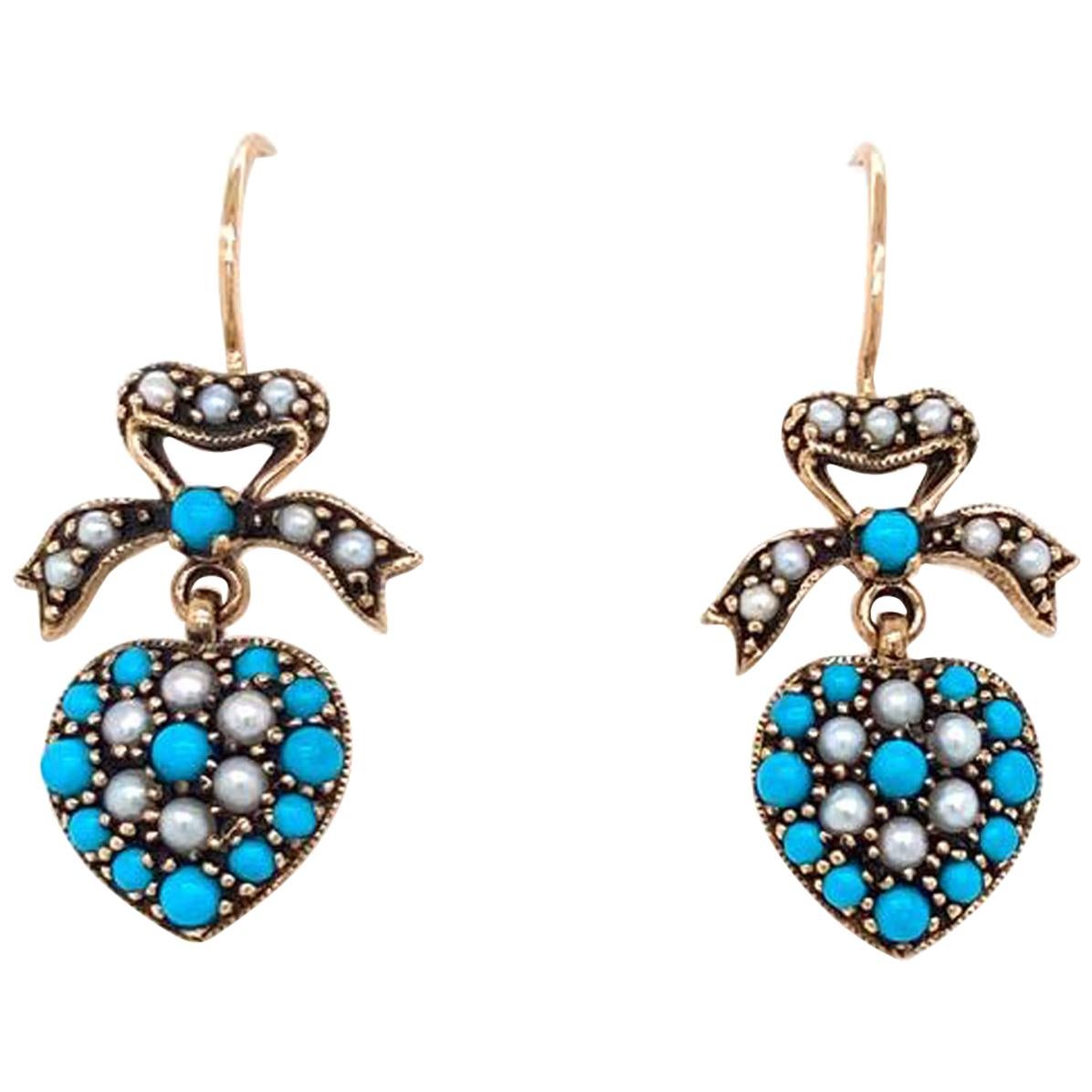 Victorian Style Turquoise Pearl Gold Heart Drop Earrings