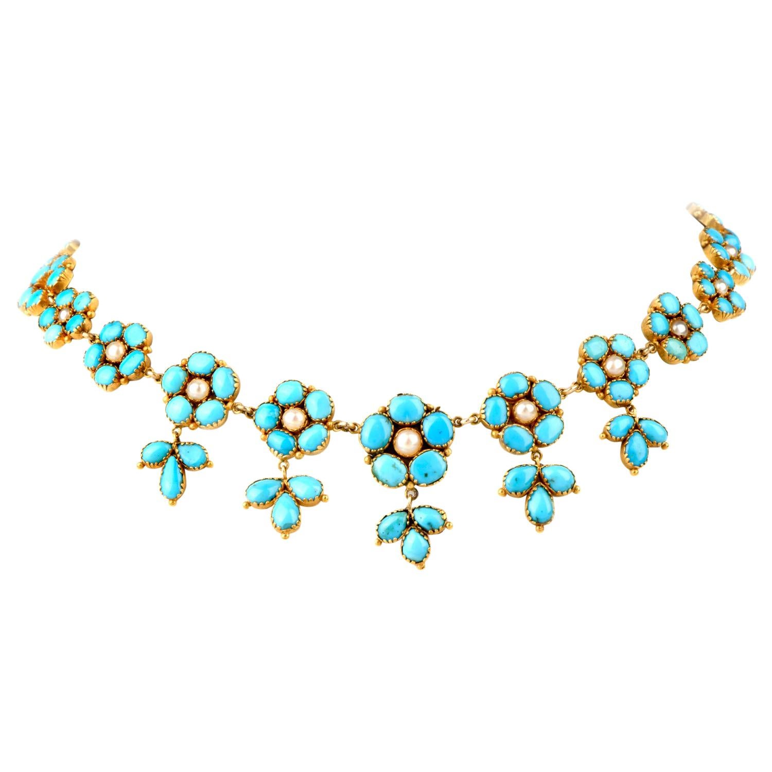 Victorian Style Turquoise Petals and Pearl 18 Karat Yellow Gold Choker Necklace