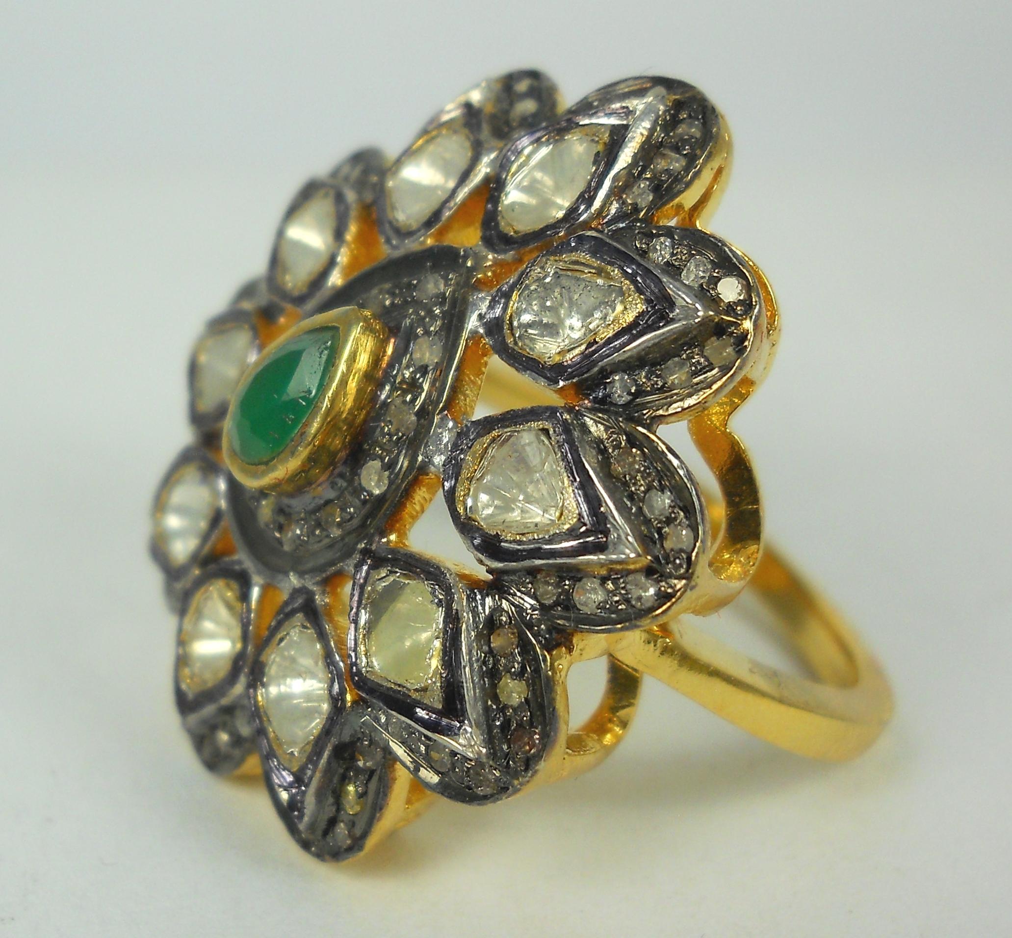 This stunning old Victorian finish ring is one of its kind.
It consists of:
Diamond- Natural Uncut and rose cut diamond
Diamond color- Tinted yellow
Metal- Silver
Metal purity- 925 silver or sterling silver
Gemstone- emerald (Natural)
Ring size- US 8