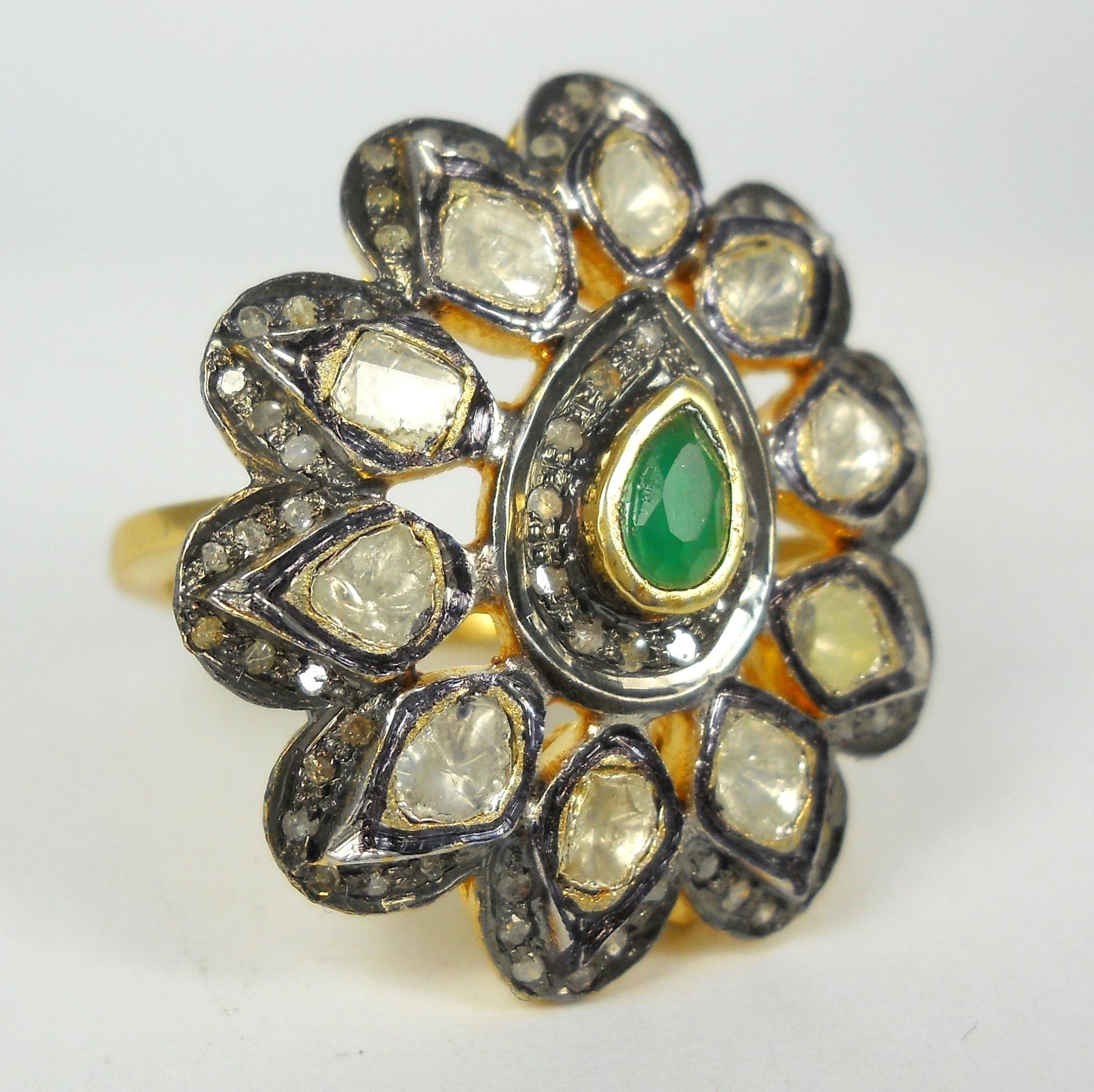 Rose Cut Victorian style uncut rose cut diamond emerald 925 silver statement ring For Sale