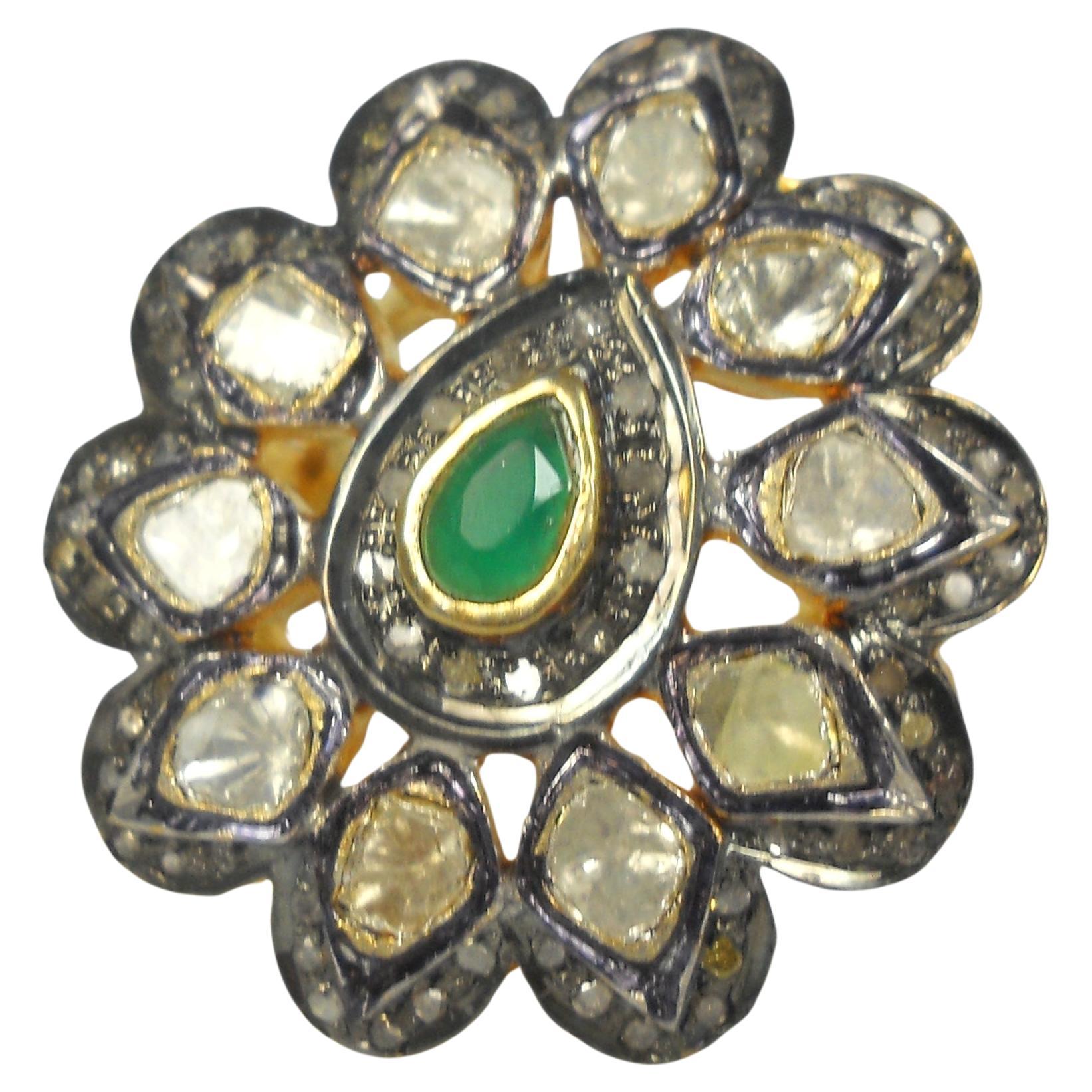 Victorian style uncut rose cut diamond emerald 925 silver statement ring