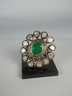 Victorian style uncut rose cut diamond green jade 925 silver statement ring