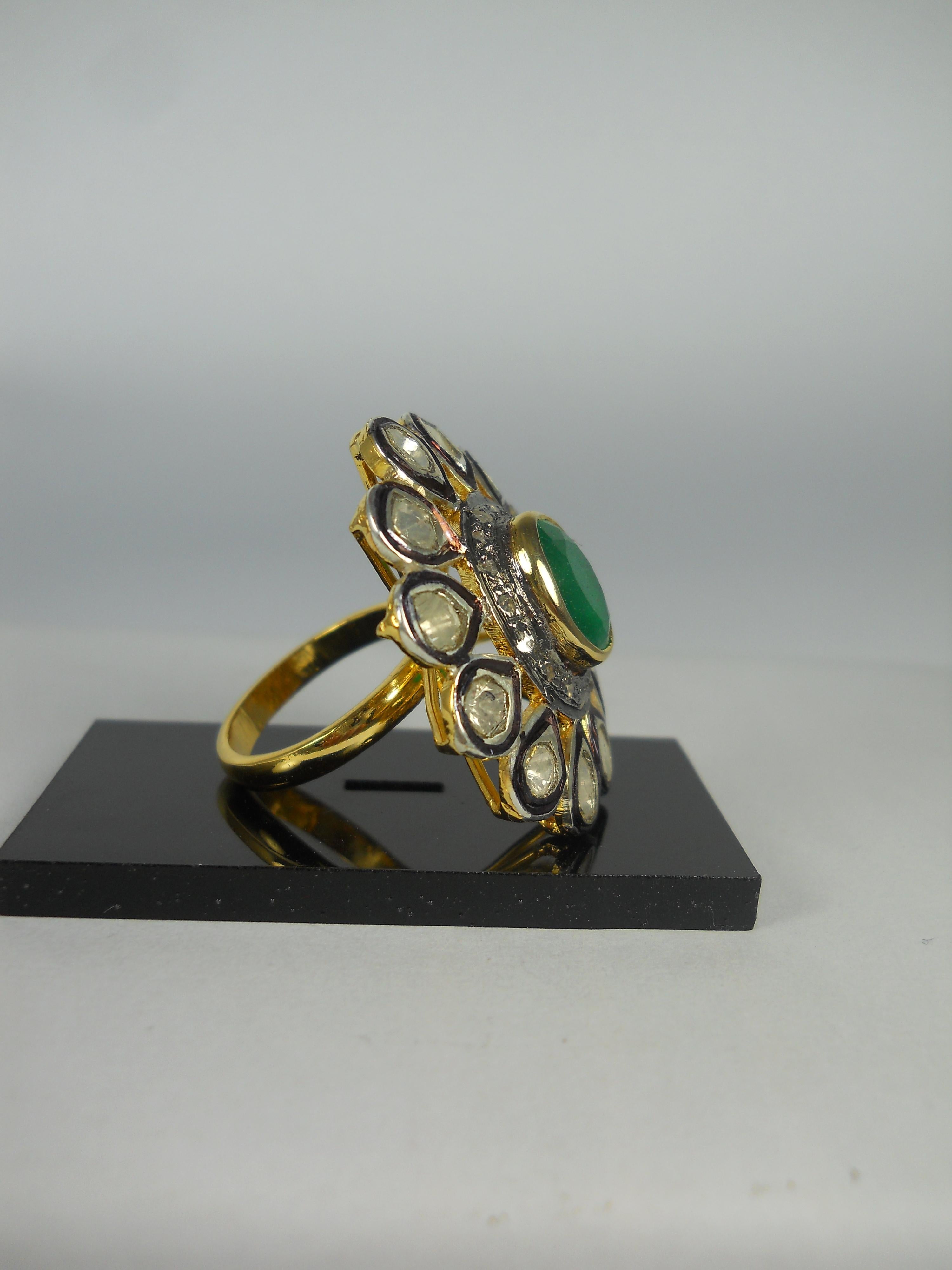 Victorian style uncut rose cut diamond green jade 925 silver statement ring In New Condition For Sale In Delhi, DL