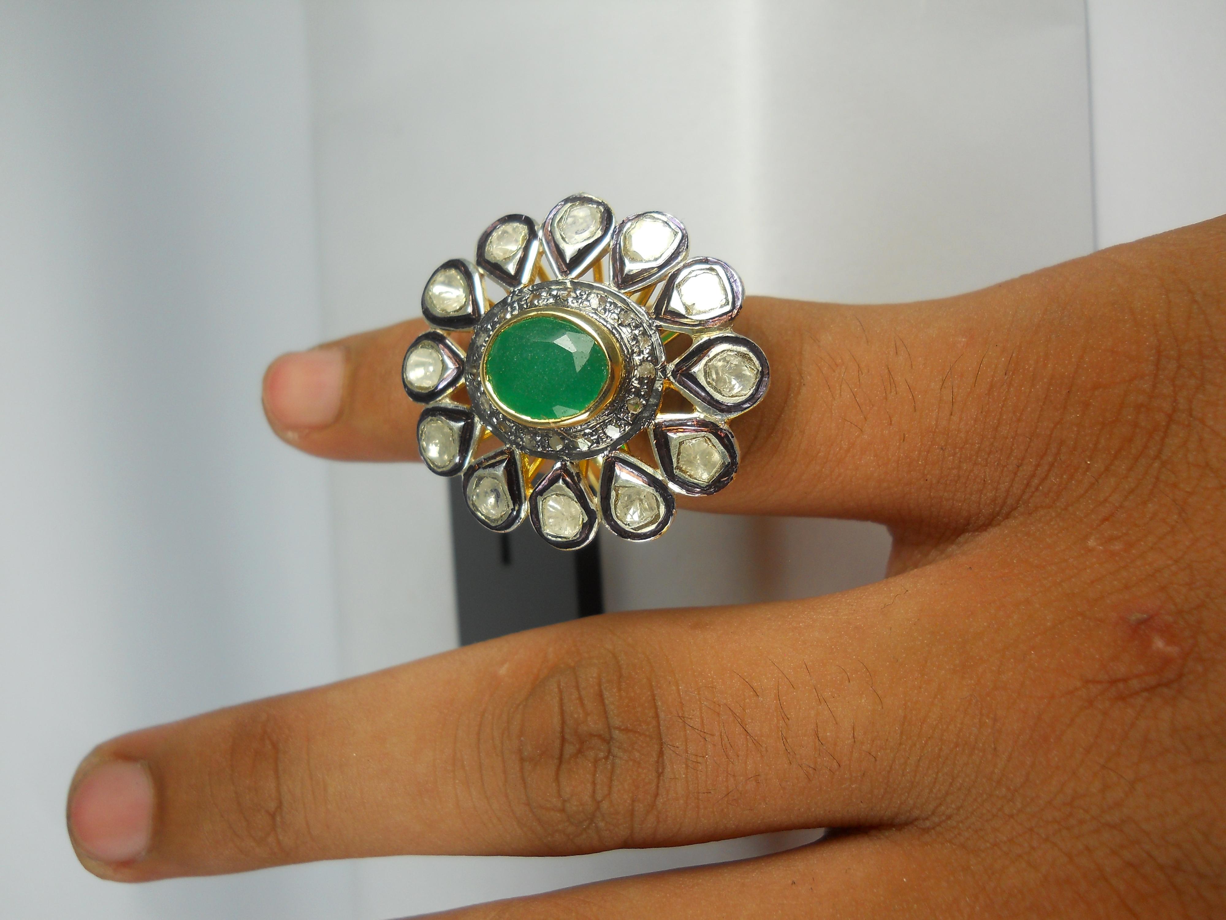 Women's or Men's Victorian style uncut rose cut diamond green jade 925 silver statement ring For Sale