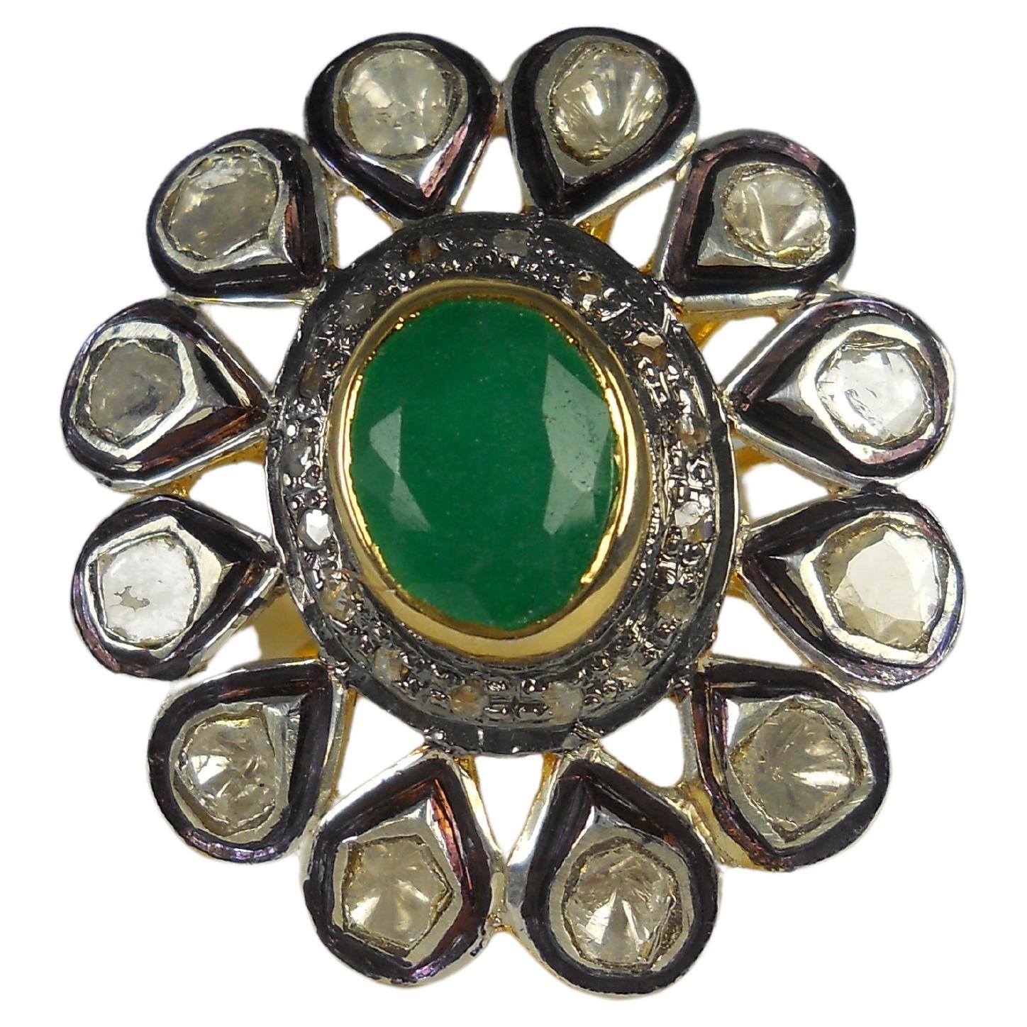 Victorian style uncut rose cut diamond green jade 925 silver statement ring For Sale
