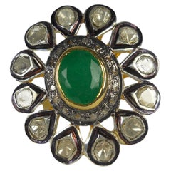 Viktorianischer Stil ungeschliffener Rosenschliff Diamant Grüne Jade 925 Silber Statement-Ring