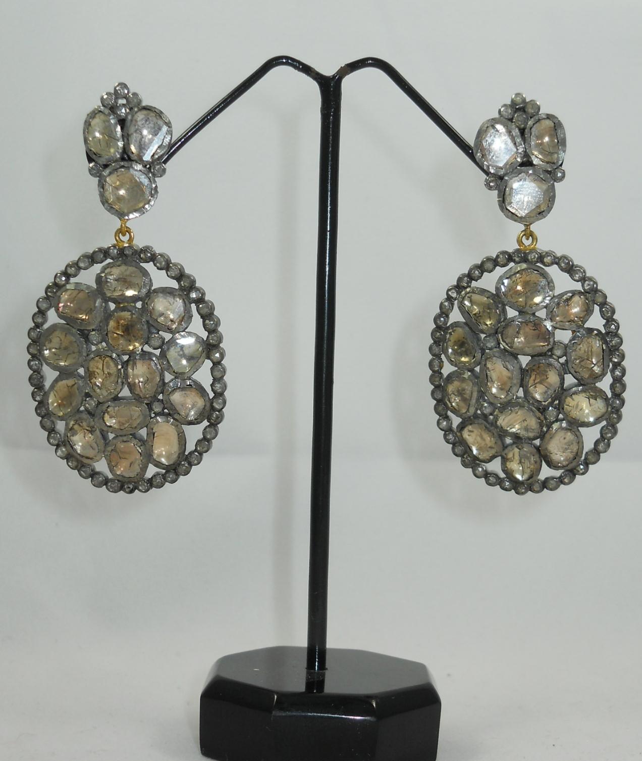 Early Victorian Victorian style uncut rose cut diamond oxidized 925 silver dangler earrings For Sale