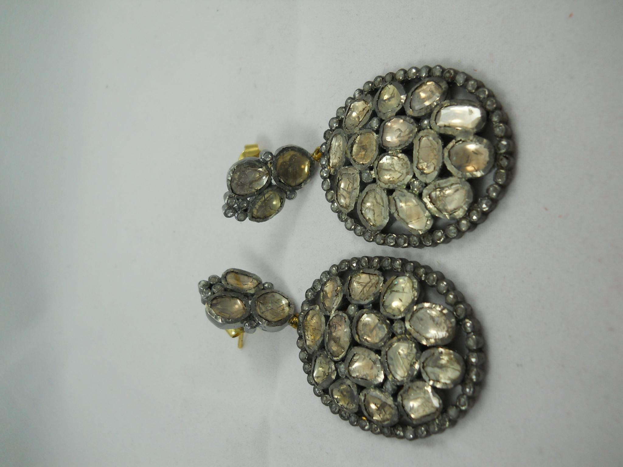 Women's or Men's Victorian style uncut rose cut diamond oxidized 925 silver dangler earrings For Sale