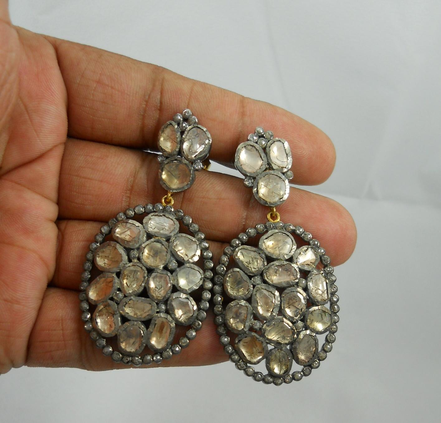 Victorian style uncut rose cut diamond oxidized 925 silver dangler earrings For Sale 1
