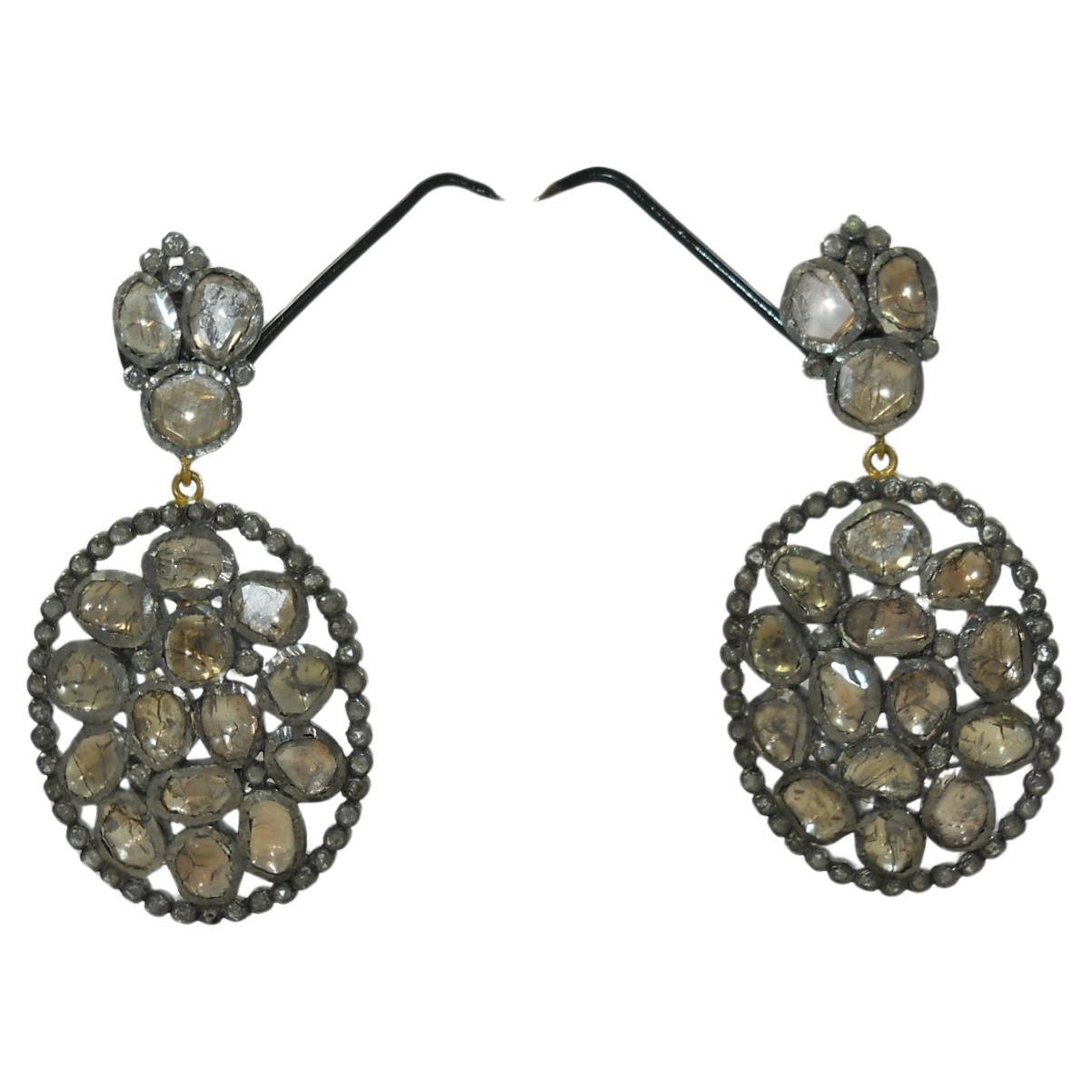 Victorian style uncut rose cut diamond oxidized 925 silver dangler earrings For Sale