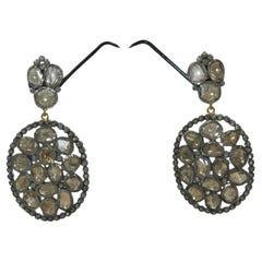 Victorian style uncut rose cut diamond oxidized 925 silver dangler earrings