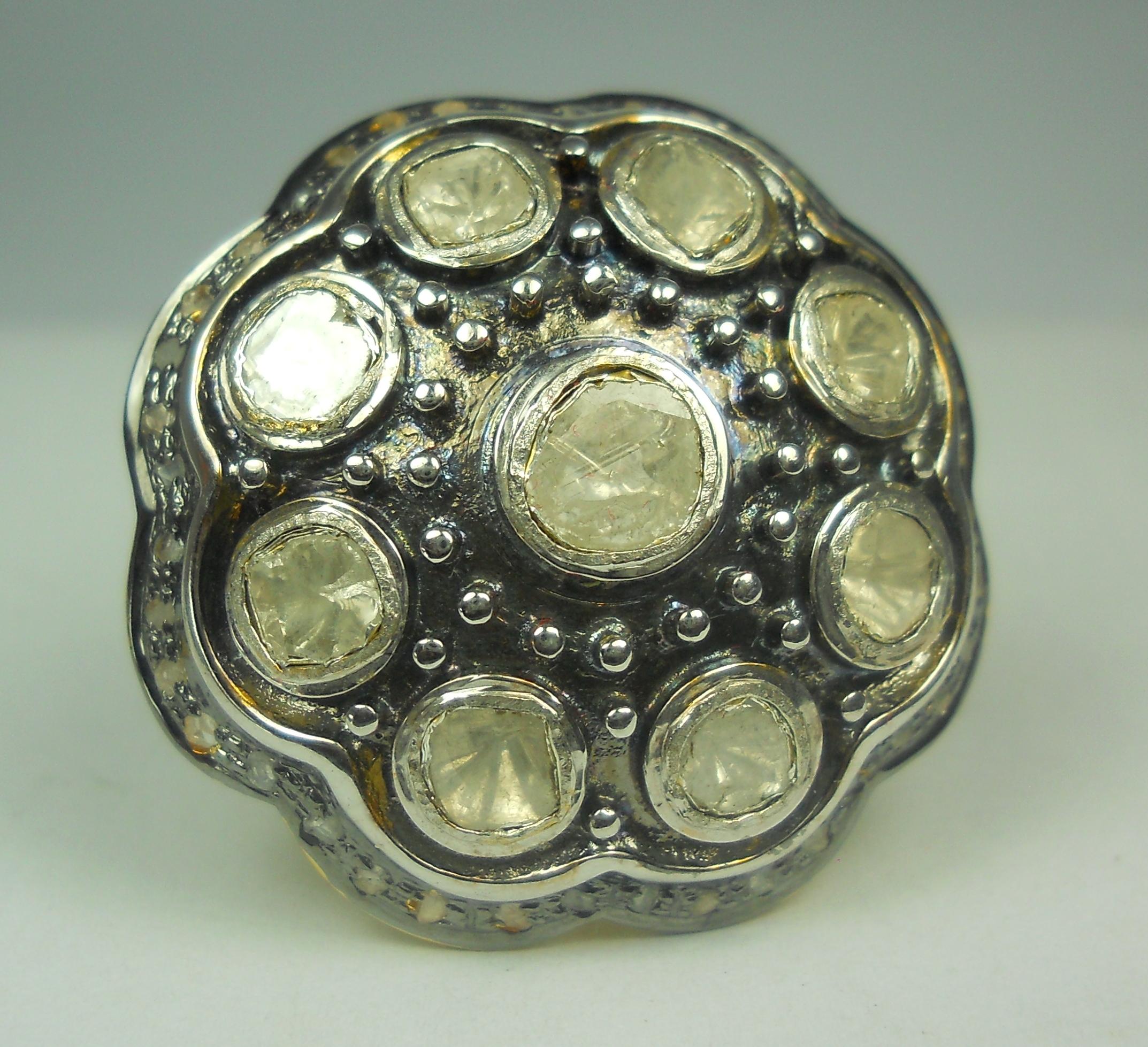 Victorian style uncut rose cut diamond oxidized 925 silver statement ring In New Condition For Sale In Delhi, DL