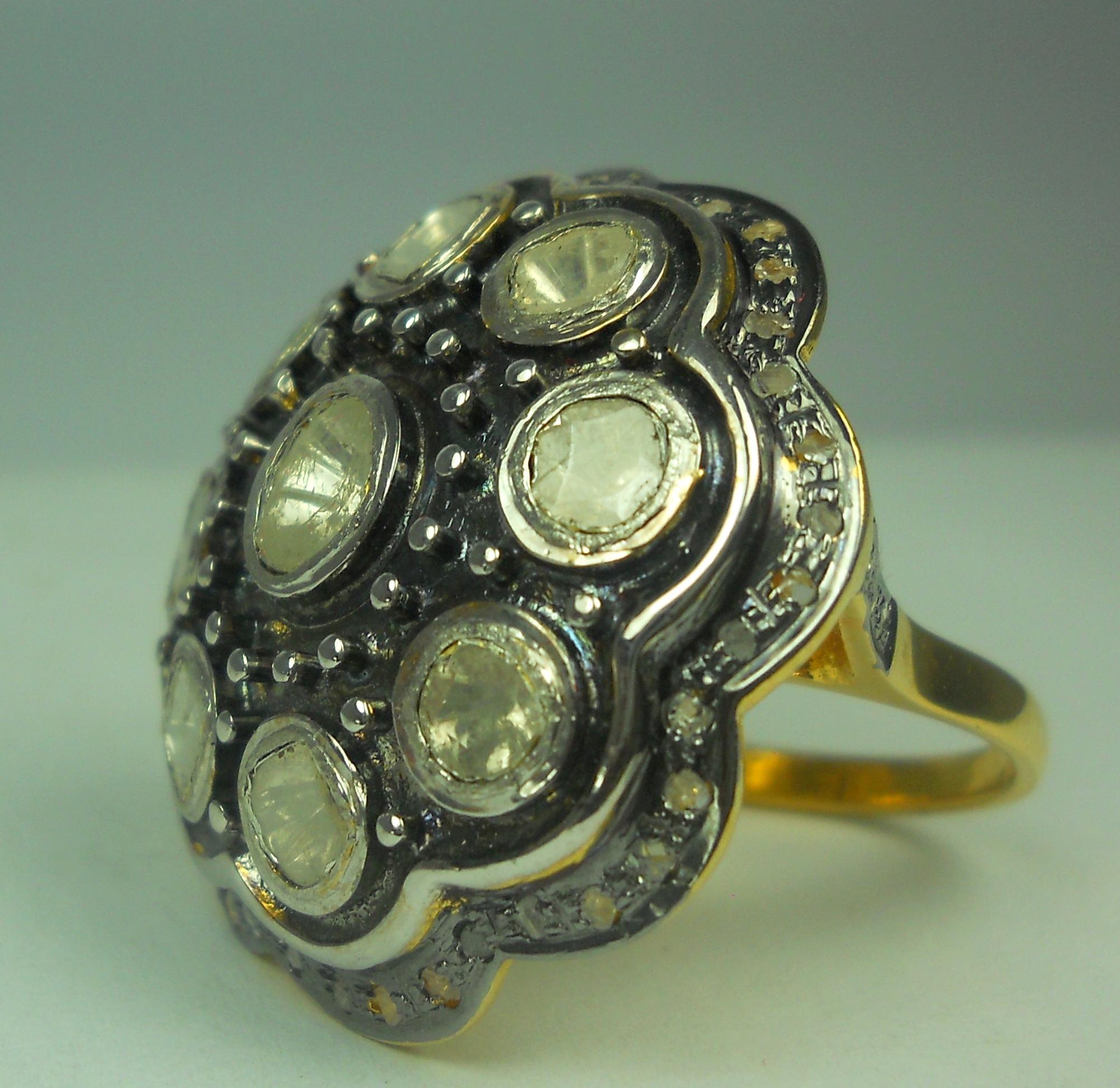 Victorian style uncut rose cut diamond oxidized 925 silver statement ring For Sale 1