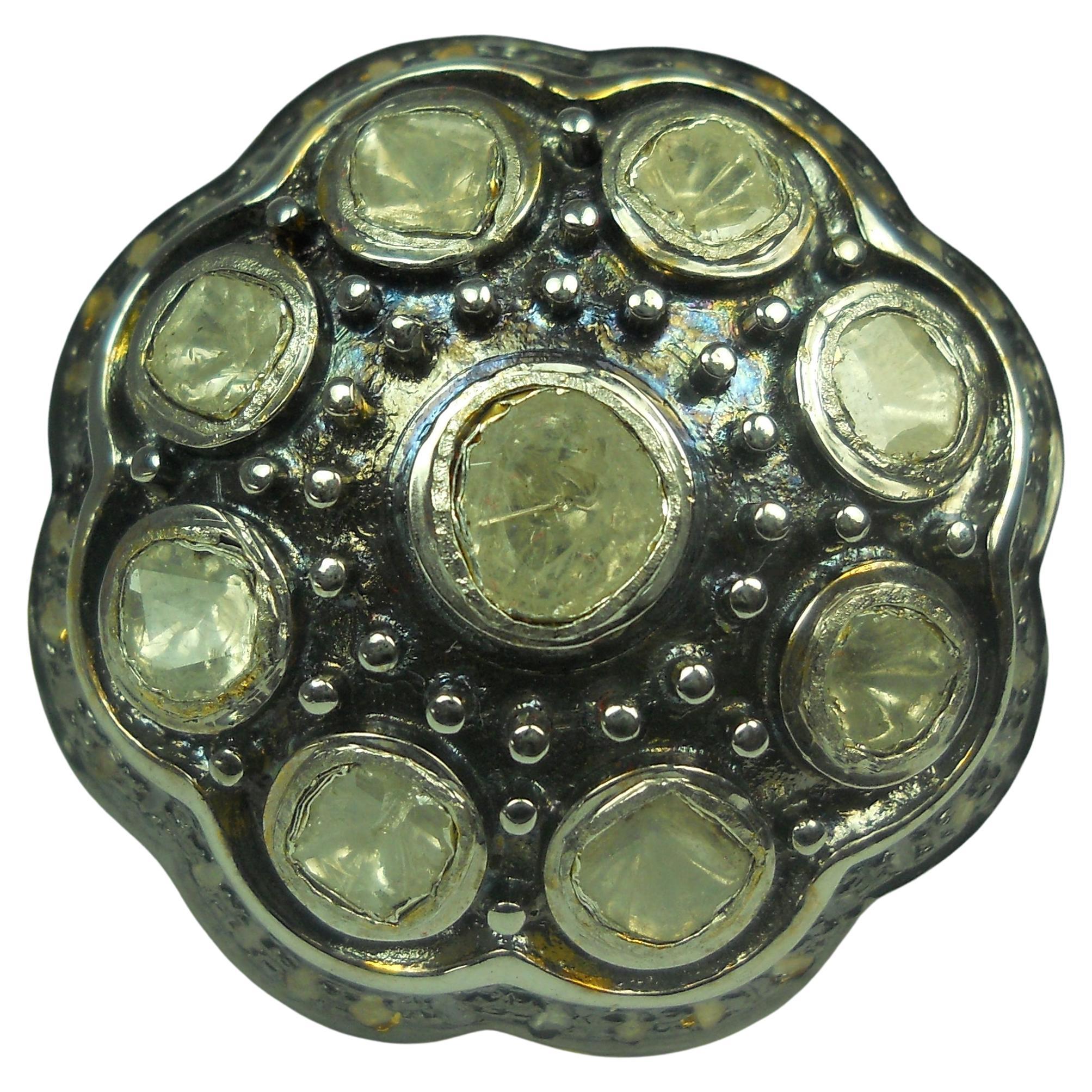 Victorian style uncut rose cut diamond oxidized 925 silver statement ring