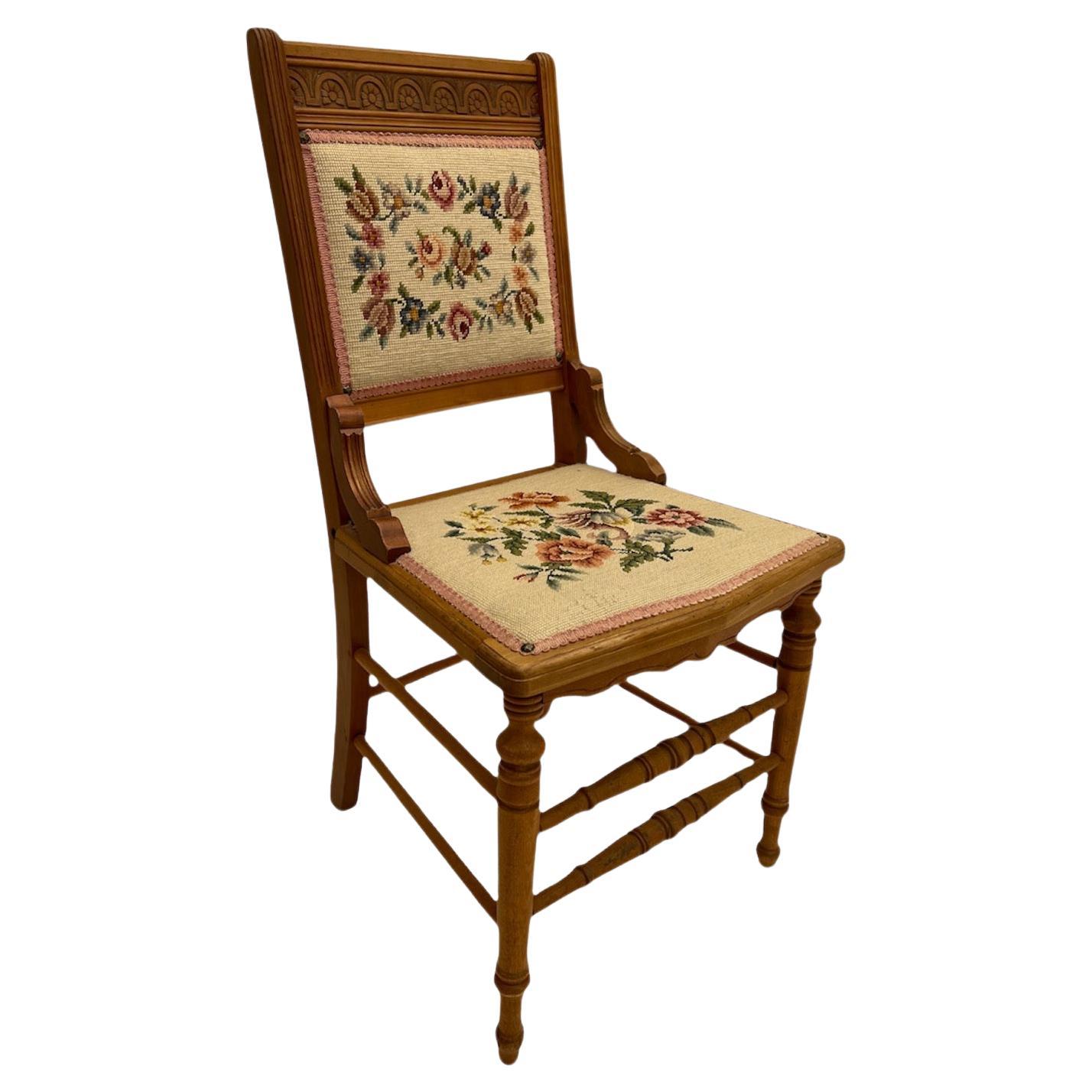 Victorian Style Vintage Floral Needlepoint Side Chair with Turned Spindle Legs.