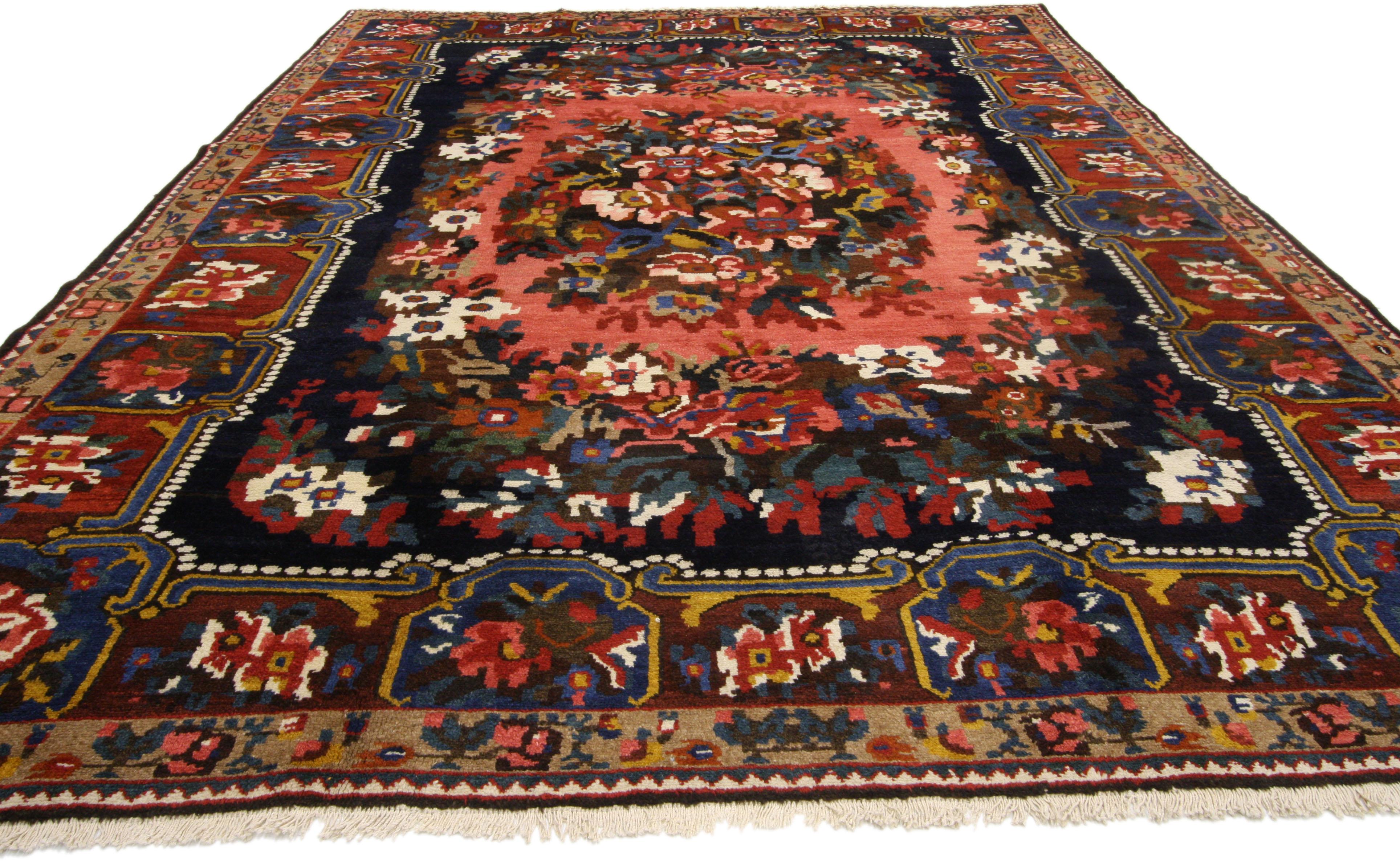 Modern Vintage Persian Bibibaff Bakhtiari Gol Farang Rug with Pearl Border For Sale