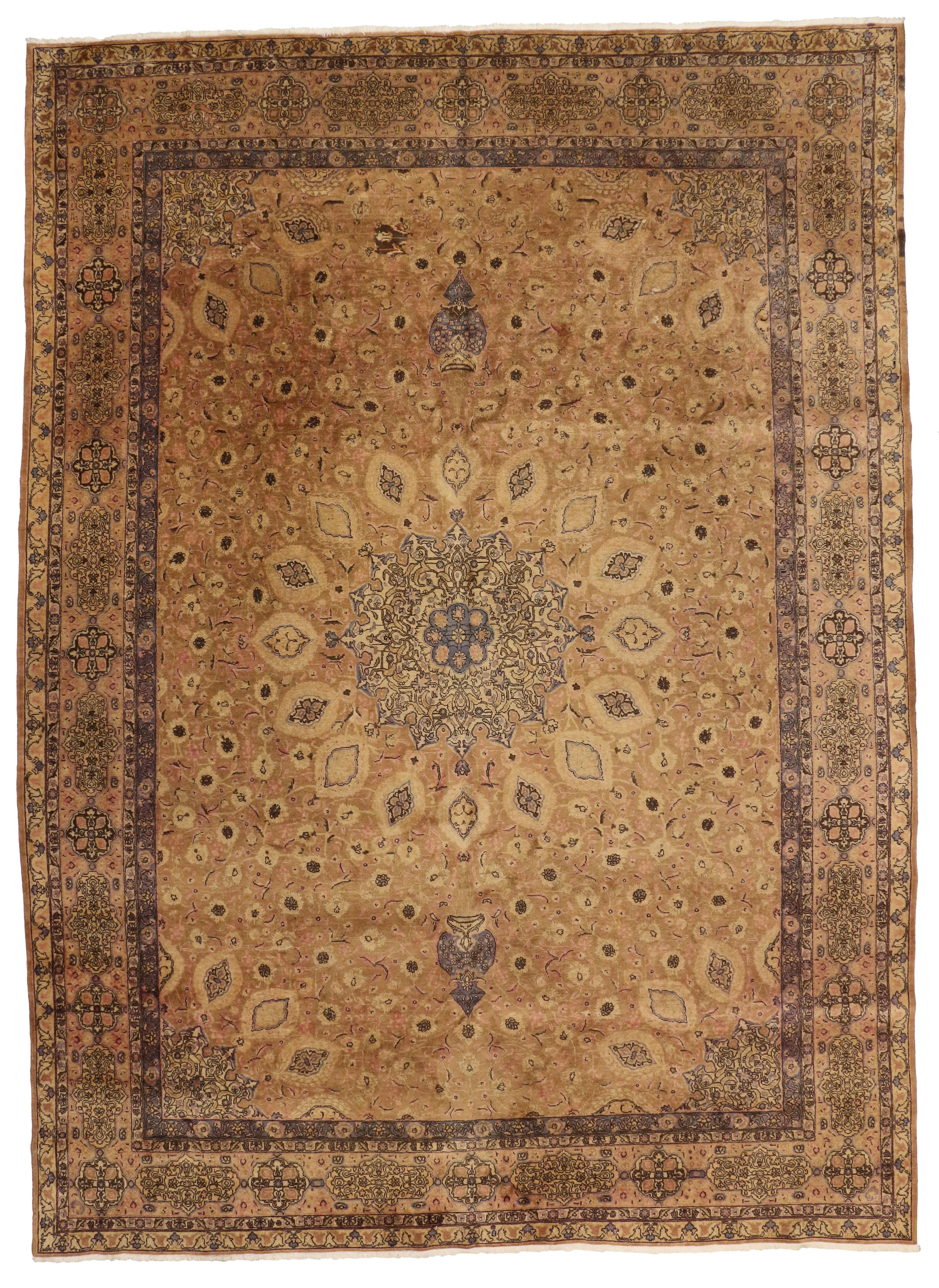 Persiano Tappeto persiano Tabriz vintage in stile vittoriano con medaglione a stella rotondo in vendita