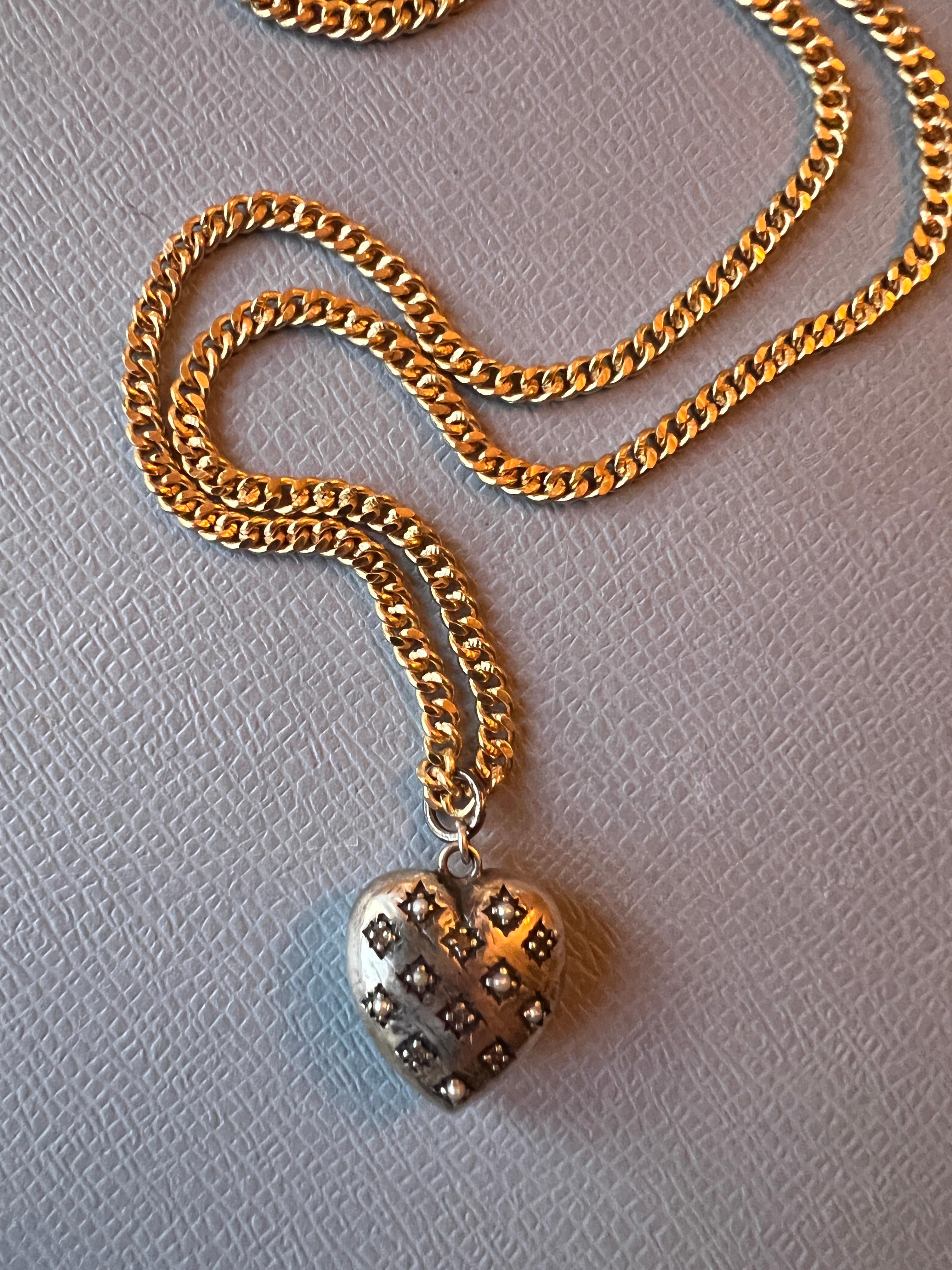 Silver Heart Long Necklace White Diamond White Pearl For Sale 7