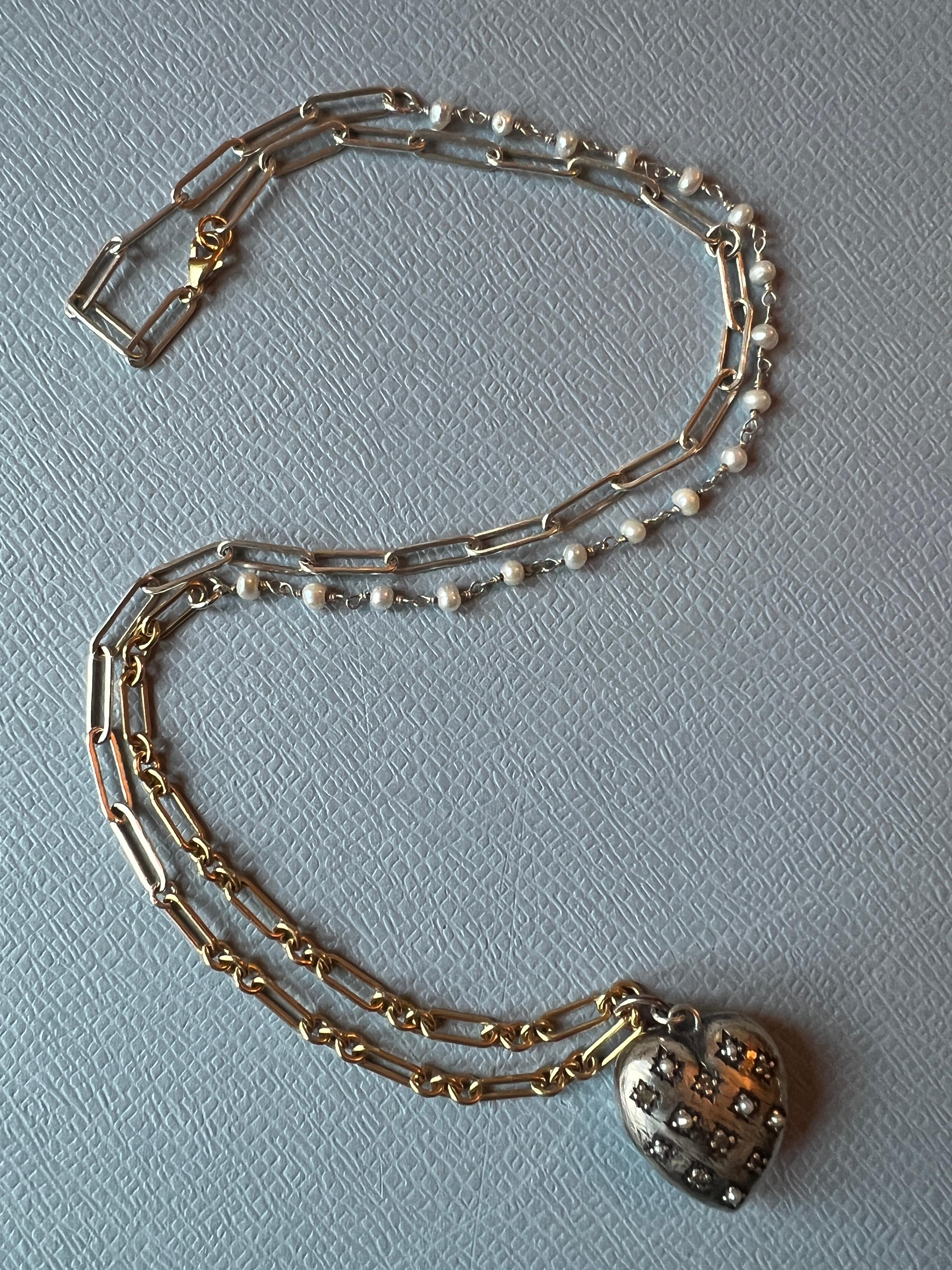 Collier coeur diamant blanc Rosario Argent Mini perle blanche en vente 1