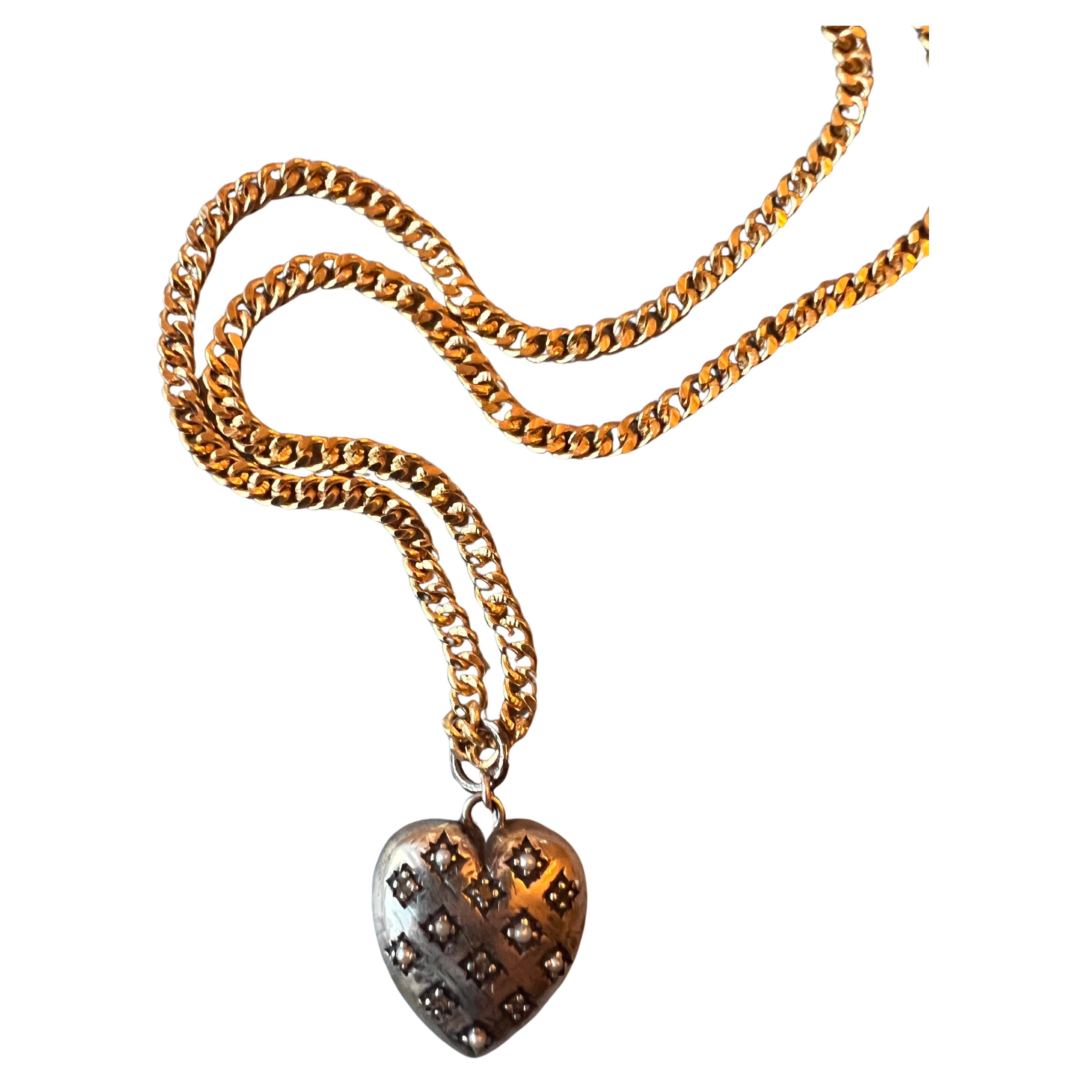 Victorian Silver Heart Long Necklace White Diamond White Pearl For Sale