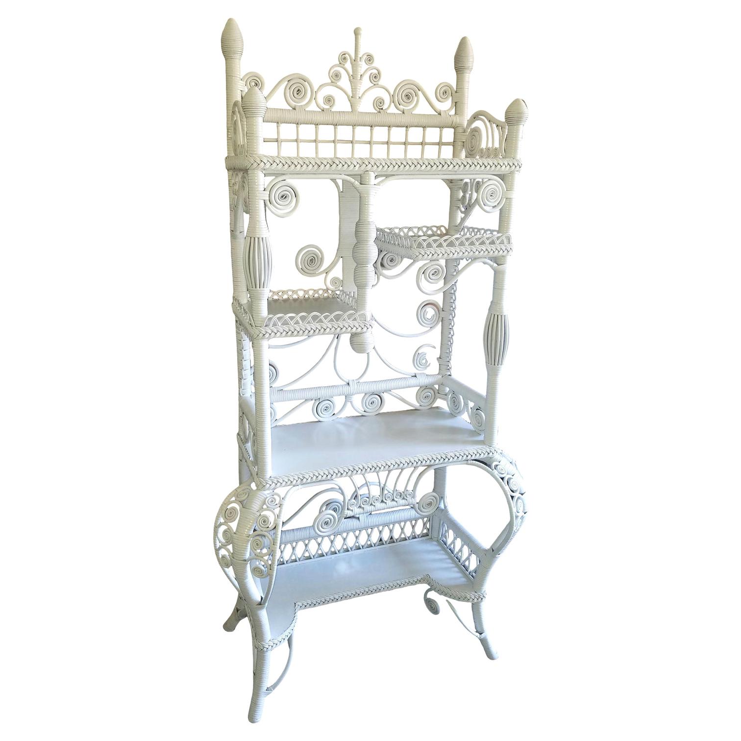 Victorian Style White Wicker Etagere For Sale