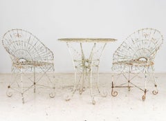 Victorian Style White Wirework Pair of Chairs and Cafe Table, France 1960