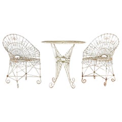 Victorian Style White Wirework Pair of Chairs and Cafe Table, France 1960