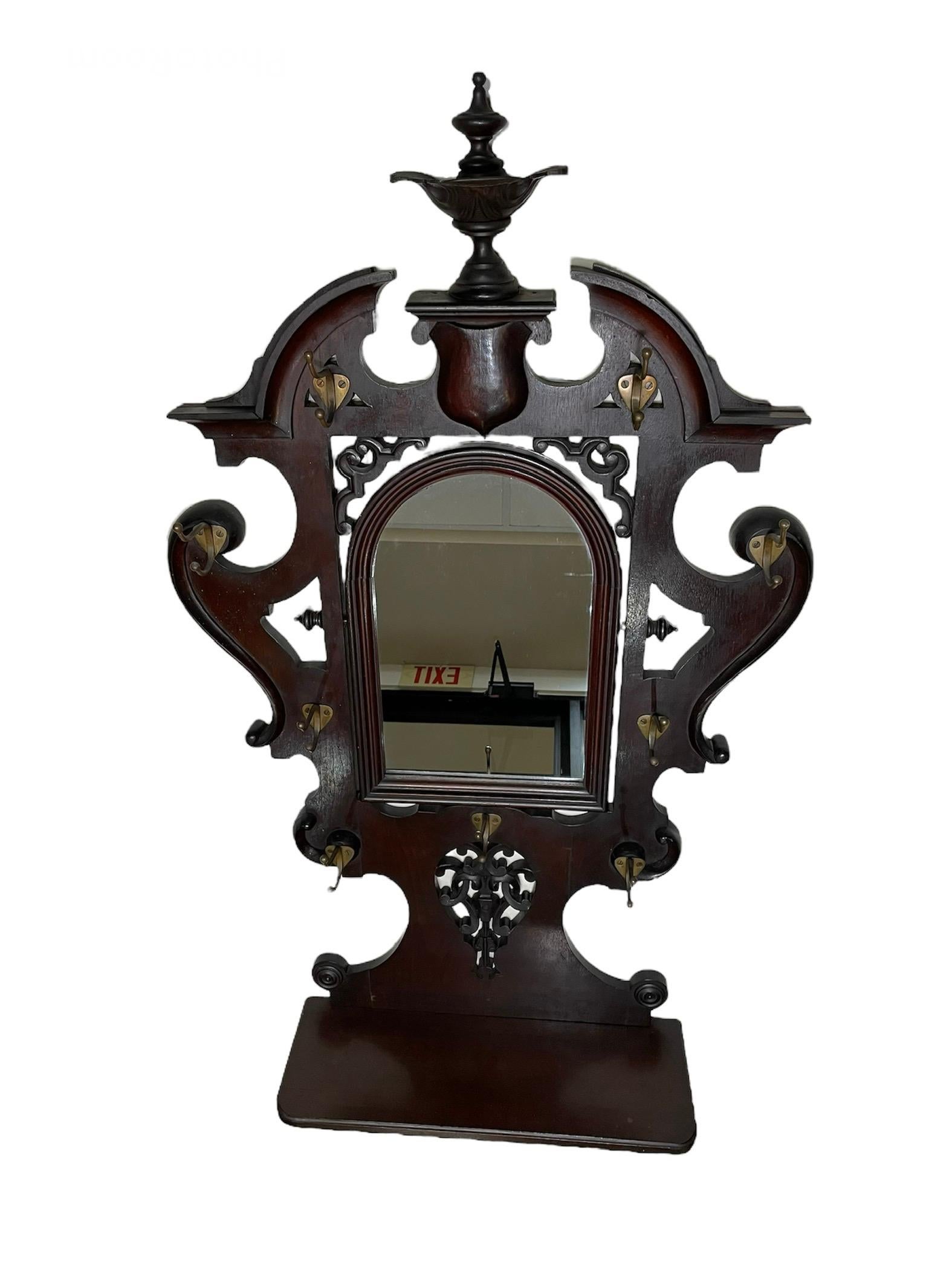 American Victorian Style Wood Hall Mirror and Coat, Hat, Scarf and Umbrella Rack