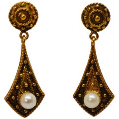 Victorian Style Yellow Gold Pearl Drop Earrings
