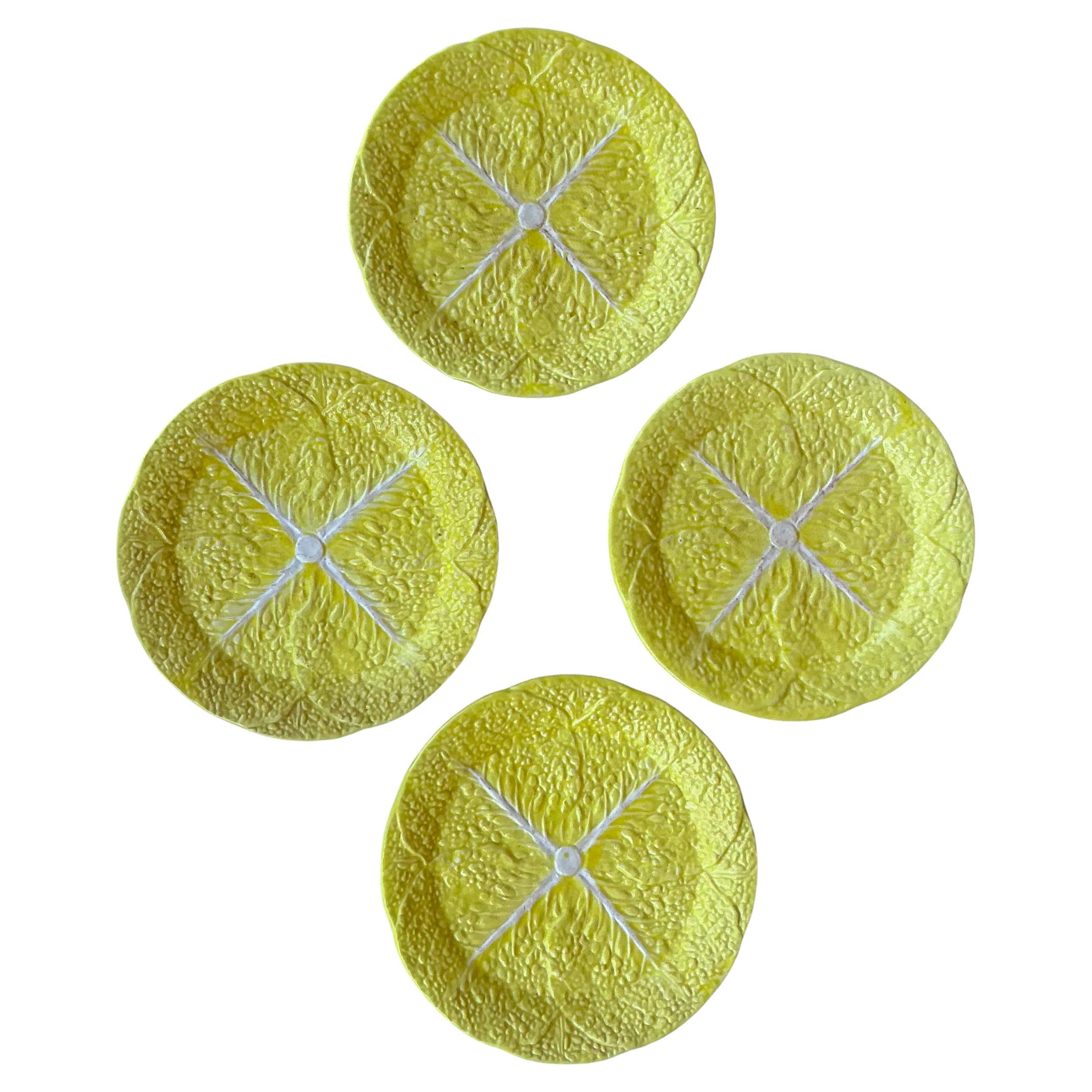 Victorian Style Yellow Majolica Cabbage Pottery Salad / Dessert Plates - S/4