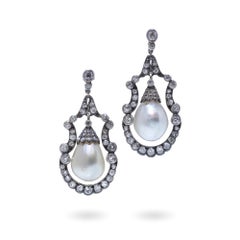 Victorian Substantial Natural Pearl and Diamond Drop Earrings