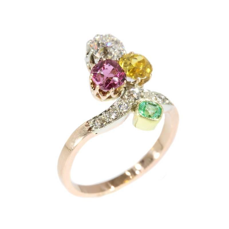 Victorian Suffragette Diamond Beryl Tourmaline 18 Karat Gold Engagement Ring 5