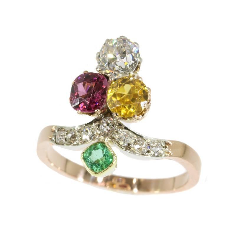 Victorian Suffragette Diamond Beryl Tourmaline 18 Karat Gold Engagement Ring In Excellent Condition In Antwerp, BE